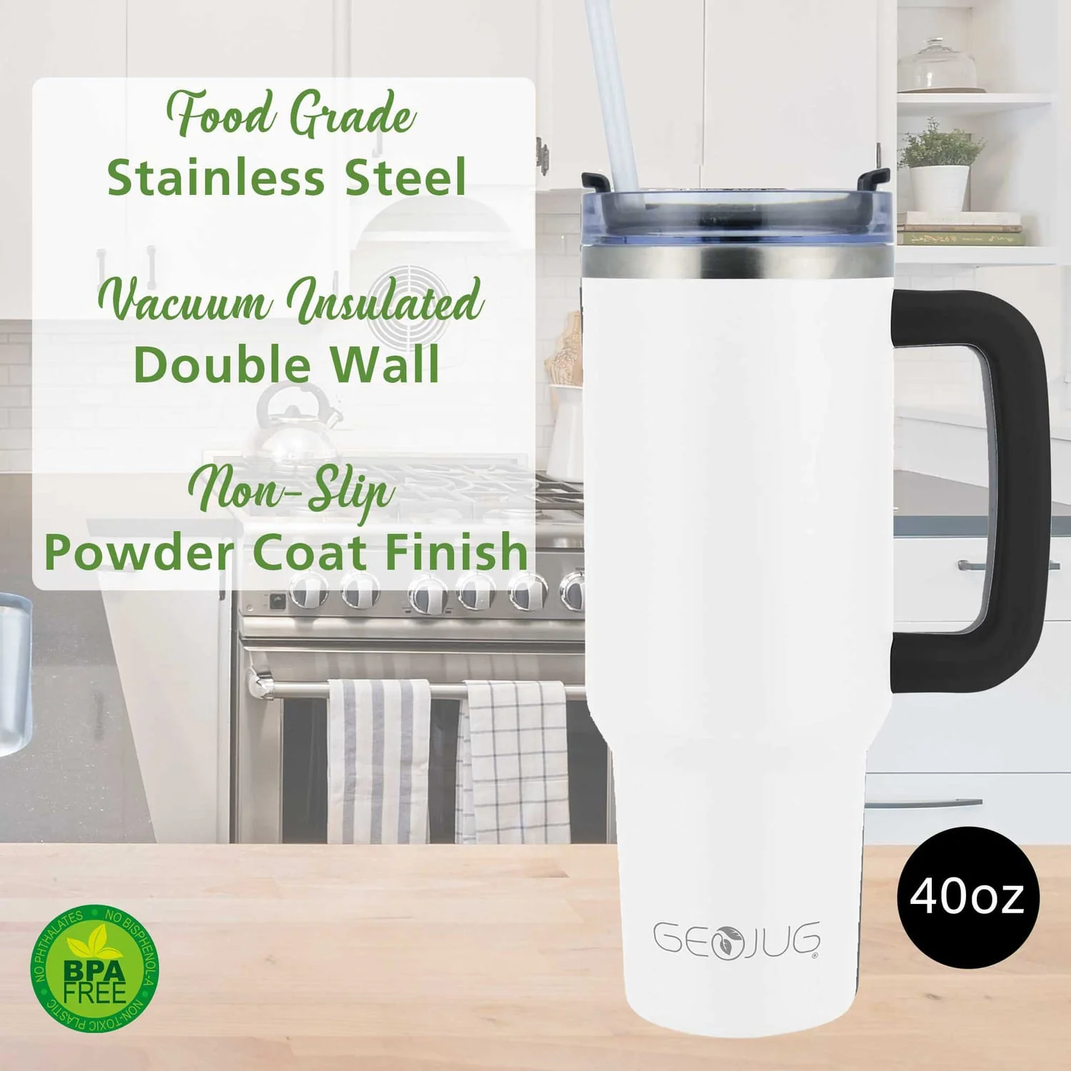 Brentwood Geojug 40-Oz. Insulated Stainless Steel Tumbler Cup with Handle, Lid, and Straw, Black, Cream - Image 5
