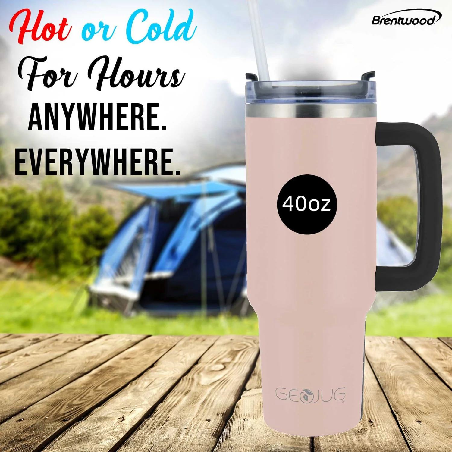 Brentwood Geojug 40-Oz. Insulated Stainless Steel Tumbler Cup with Handle, Lid, and Straw, Black, Pink - Image 3