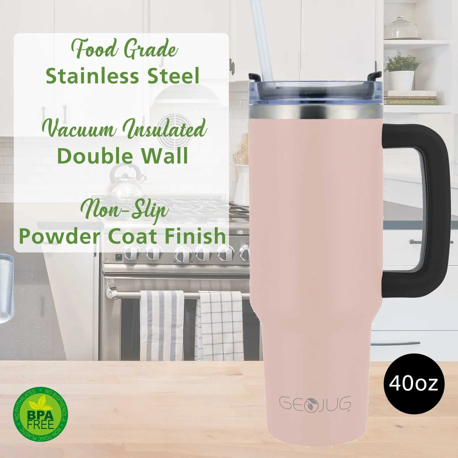 Brentwood Geojug 40-Oz. Insulated Stainless Steel Tumbler Cup with Handle, Lid, and Straw, Black, Pink - Image 4