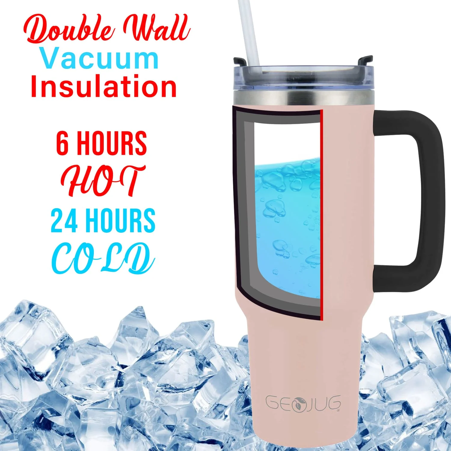 Brentwood Geojug 40-Oz. Insulated Stainless Steel Tumbler Cup with Handle, Lid, and Straw, Black, Pink - Image 5