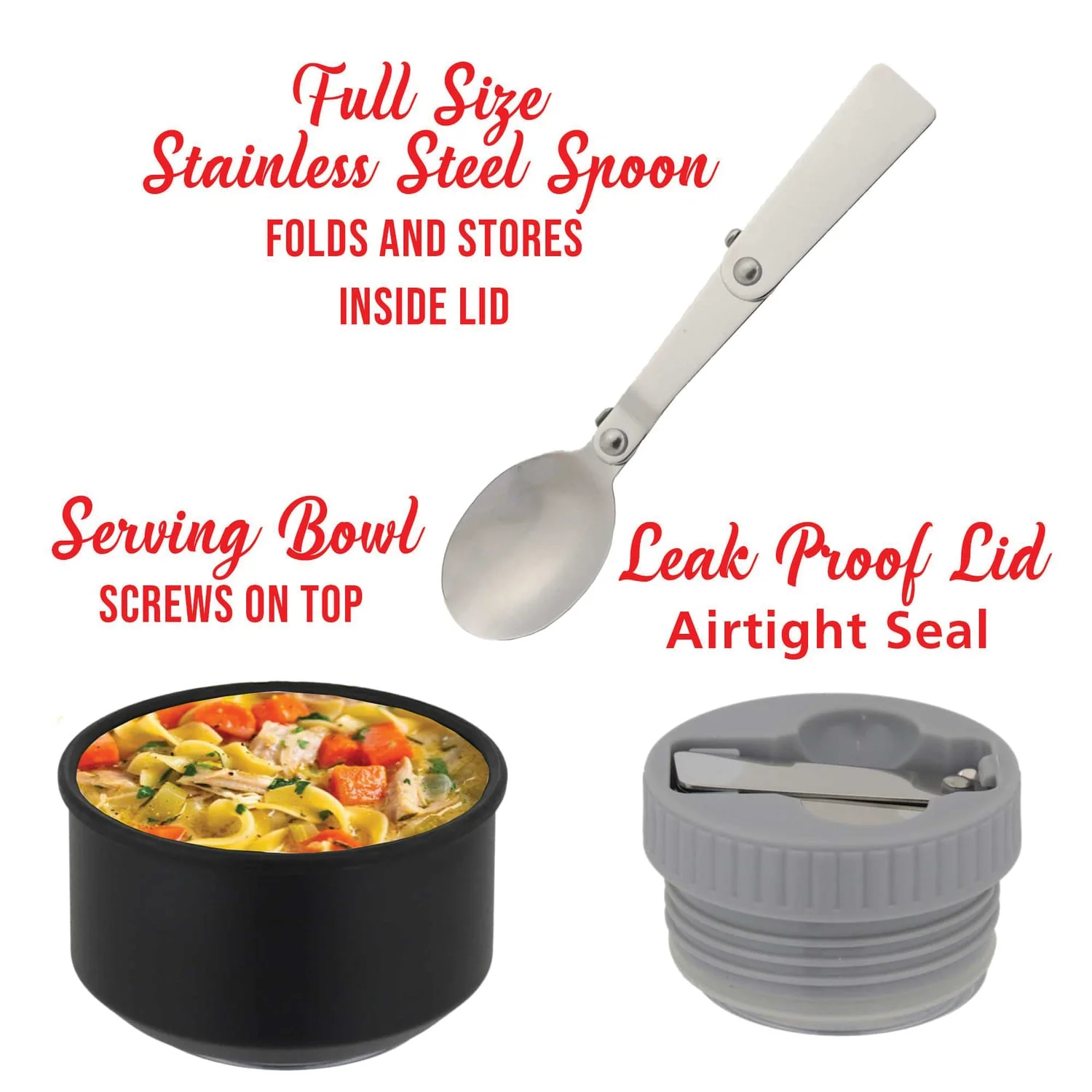 Brentwood Geojug Vacuum-Insulated Stainless Steel Food Jar with Bowl and Folding Spoon, Black, 25 Oz. - Image 3