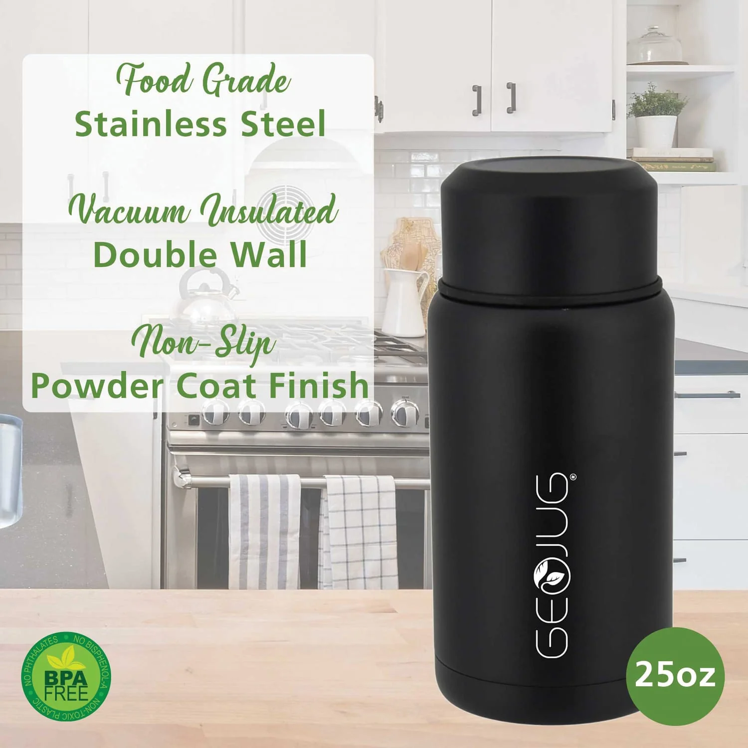 Brentwood Geojug Vacuum-Insulated Stainless Steel Food Jar with Bowl and Folding Spoon, Black, 25 Oz. - Image 5