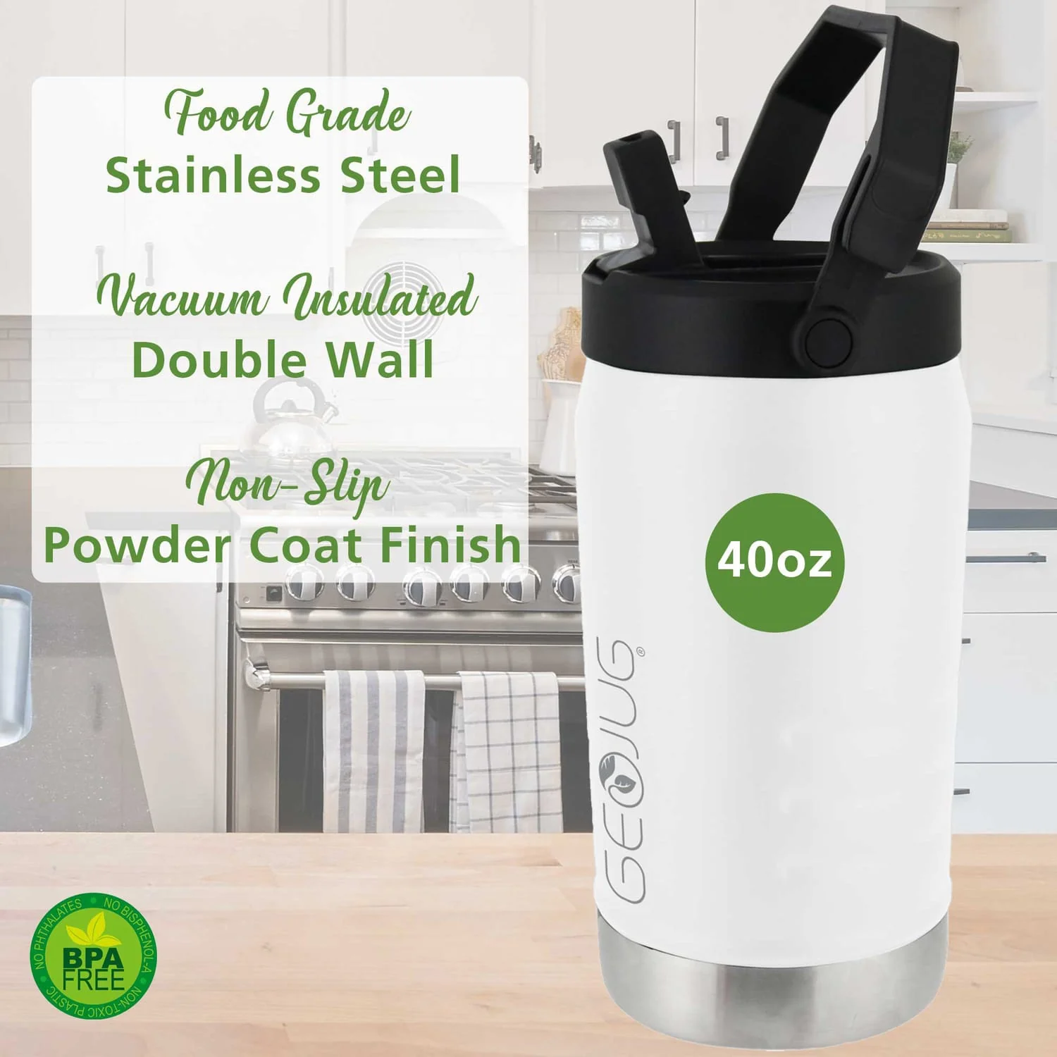 Brentwood Geojug Vacuum-Insulated Stainless Steel Sports Water Jug with Spout Straw Lid, and Handle with Fence Hook, 40 Oz., Cream - Image 4