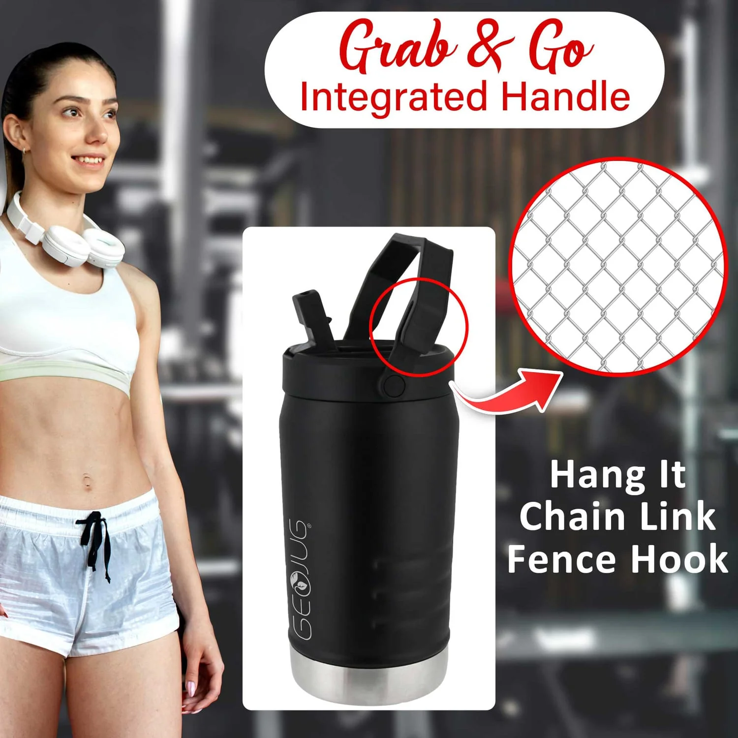 Brentwood Geojug Vacuum-Insulated Stainless Steel Sports Water Jug with Spout Straw Lid, and Handle with Fence Hook, 64 Oz., Black - Image 2