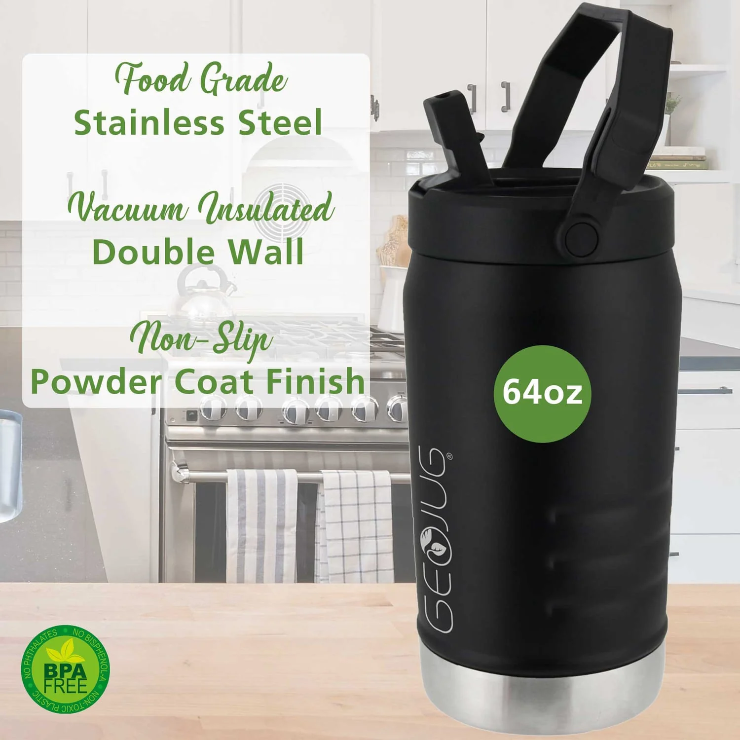 Brentwood Geojug Vacuum-Insulated Stainless Steel Sports Water Jug with Spout Straw Lid, and Handle with Fence Hook, 64 Oz., Black - Image 4