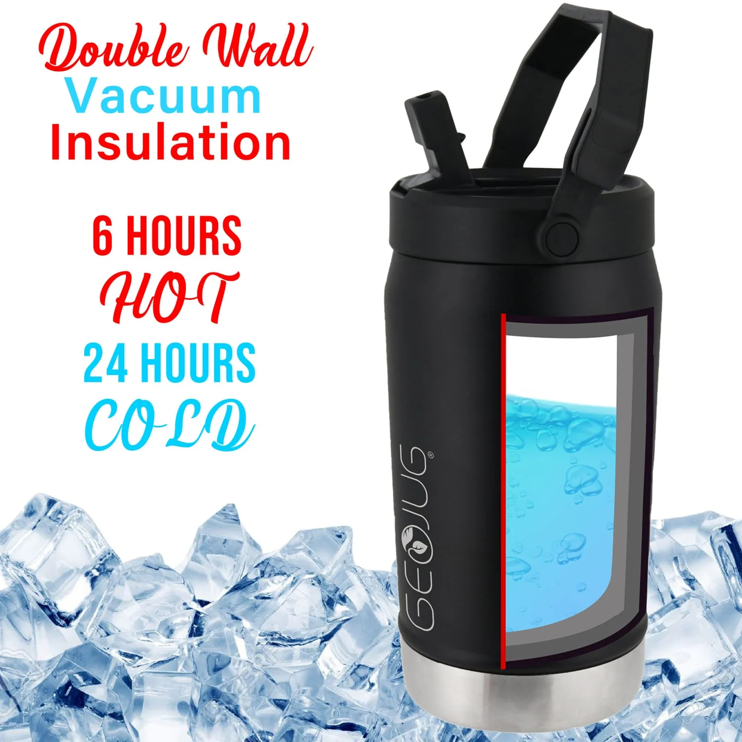 Brentwood Geojug Vacuum-Insulated Stainless Steel Sports Water Jug with Spout Straw Lid, and Handle with Fence Hook, 64 Oz., Black - Image 5