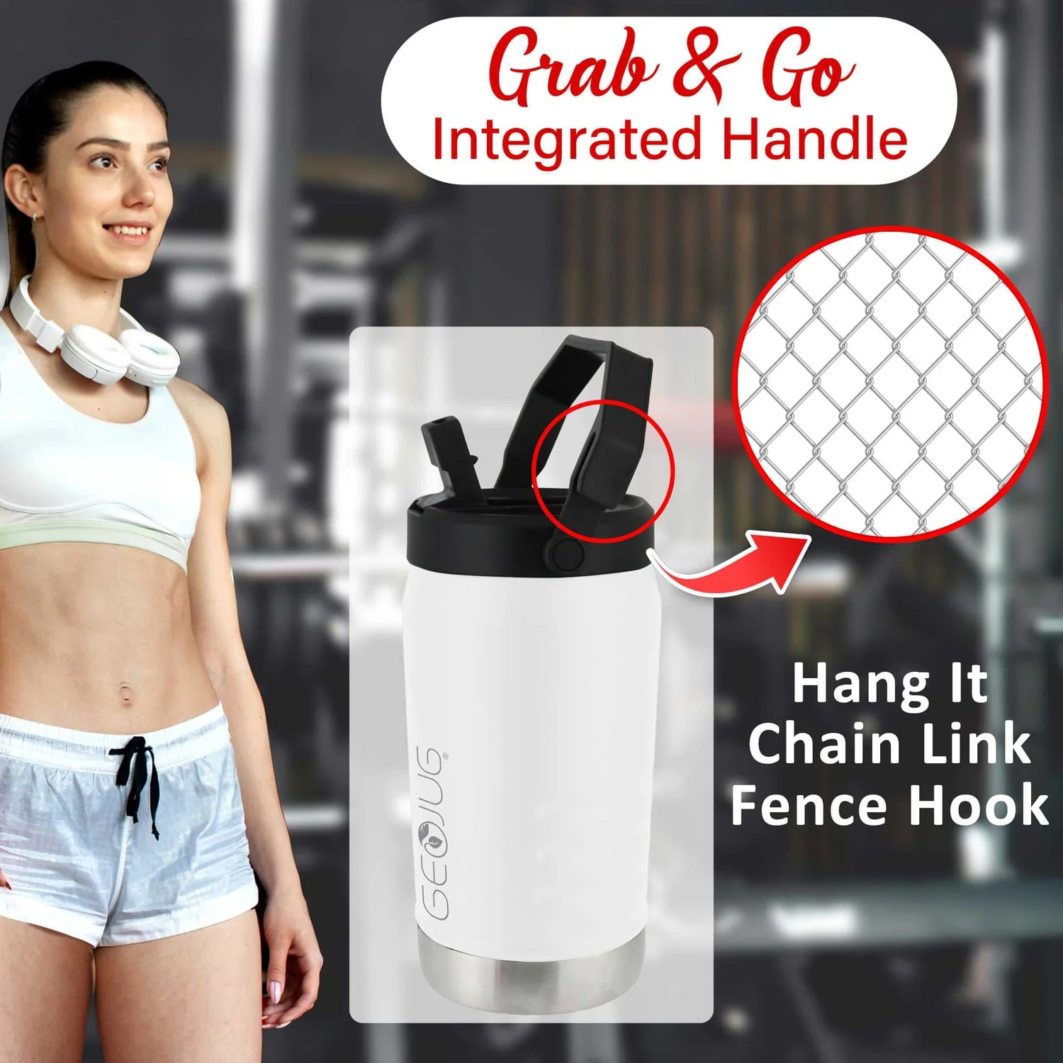 Brentwood Geojug Vacuum-Insulated Stainless Steel Sports Water Jug with Spout Straw Lid, and Handle with Fence Hook, 64 Oz., Cream - Image 5