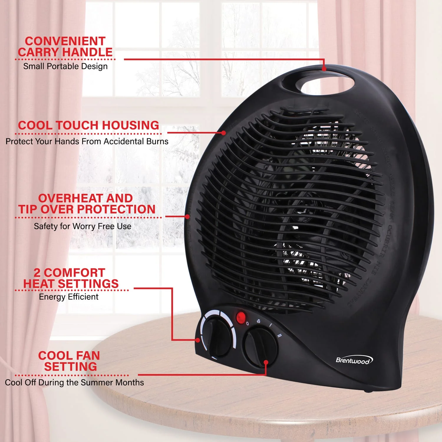 Brentwood H-F301BK 1500-Watt-Max Portable Electric Space Heater and Fan, Black - Image 4