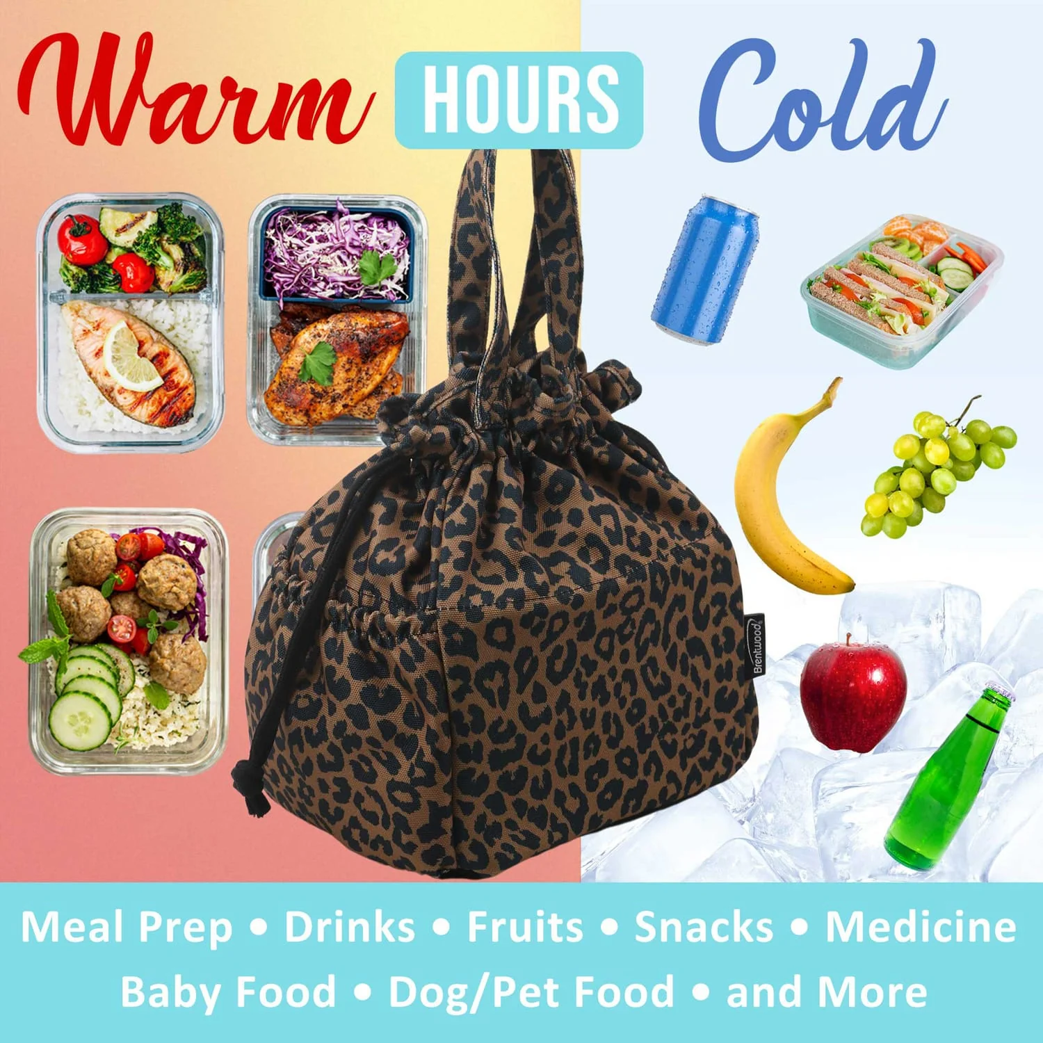 Brentwood Insulated Canvas Lunch Tote Cooler Bag for Women, 12-Can Capacity, with 2 Side Pockets, CB-2025L, Leopard Brown - Image 5