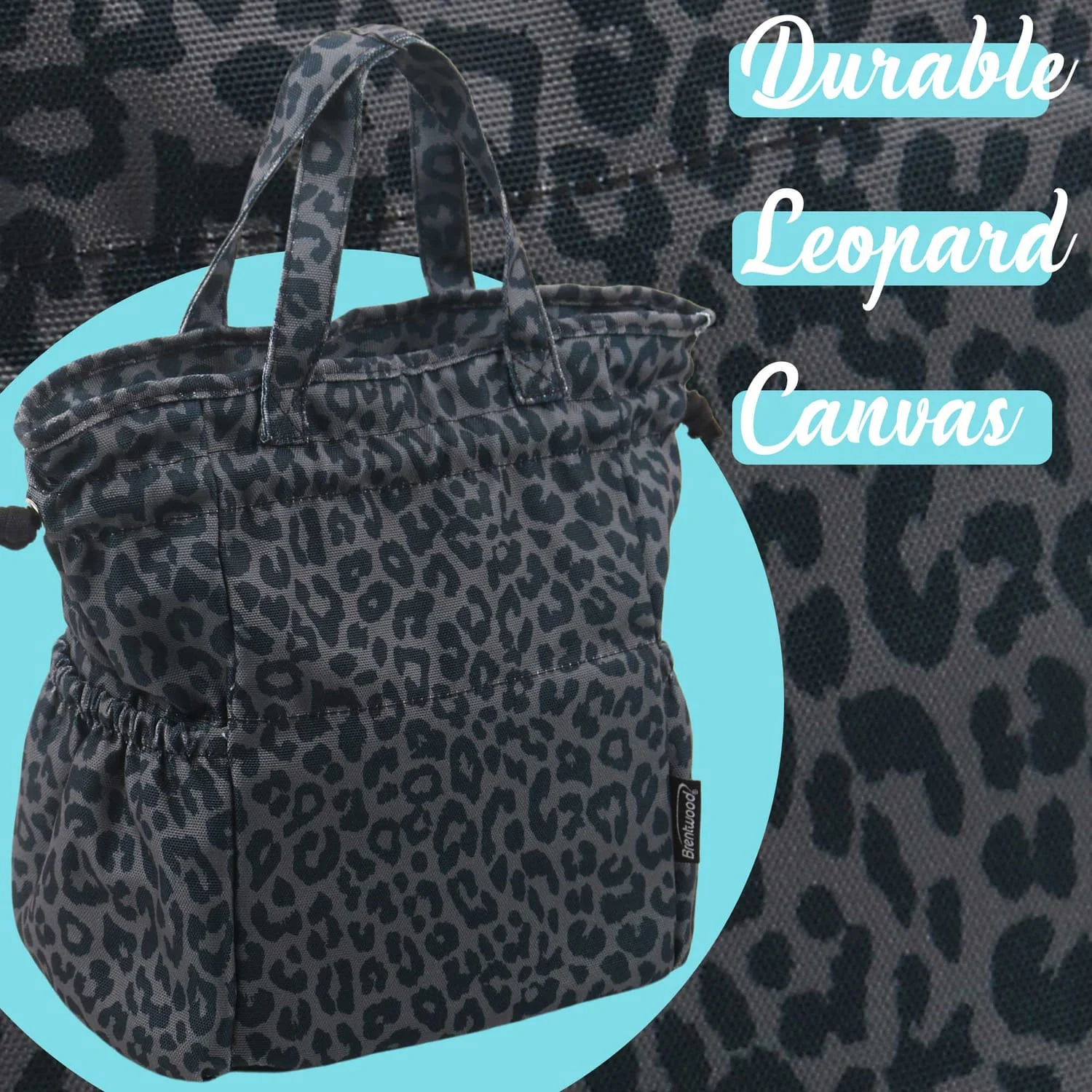 Brentwood Insulated Canvas Lunch Tote Cooler Bag for Women, 12-Can Capacity, with 2 Side Pockets, CB-2025L, Leopard Gray - Image 2