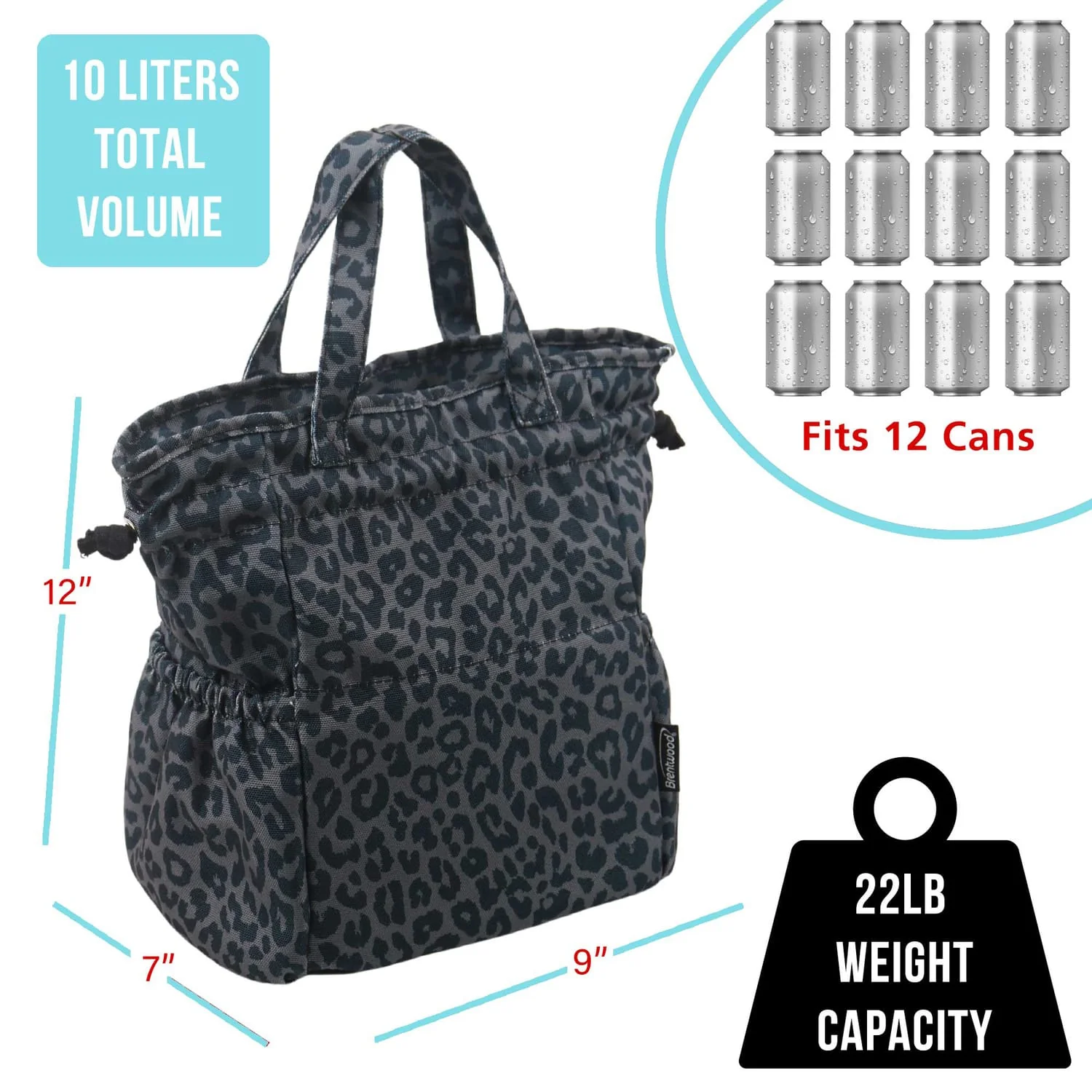 Brentwood Insulated Canvas Lunch Tote Cooler Bag for Women, 12-Can Capacity, with 2 Side Pockets, CB-2025L, Leopard Gray - Image 4