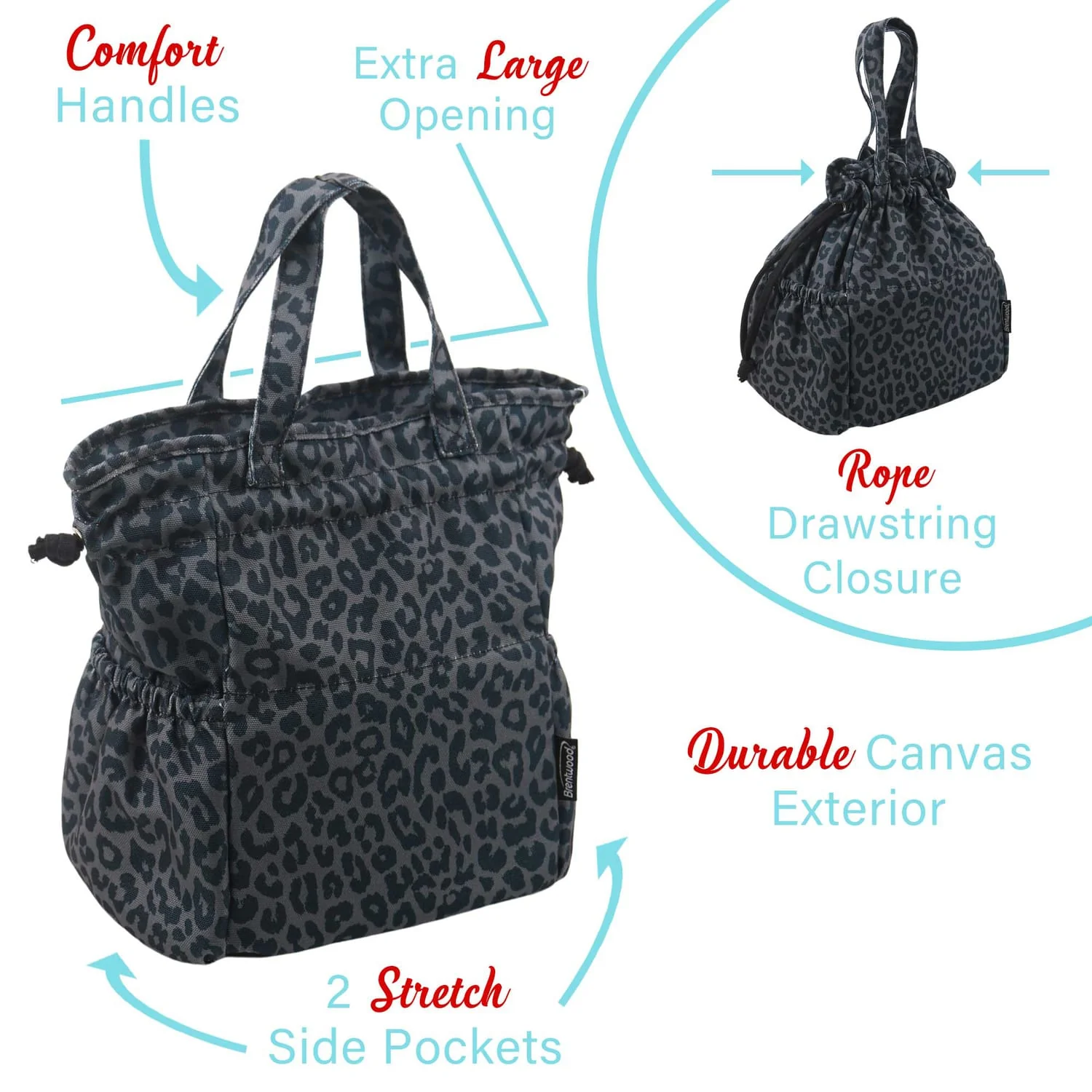 Brentwood Insulated Canvas Lunch Tote Cooler Bag for Women, 12-Can Capacity, with 2 Side Pockets, CB-2025L, Leopard Gray - Image 5