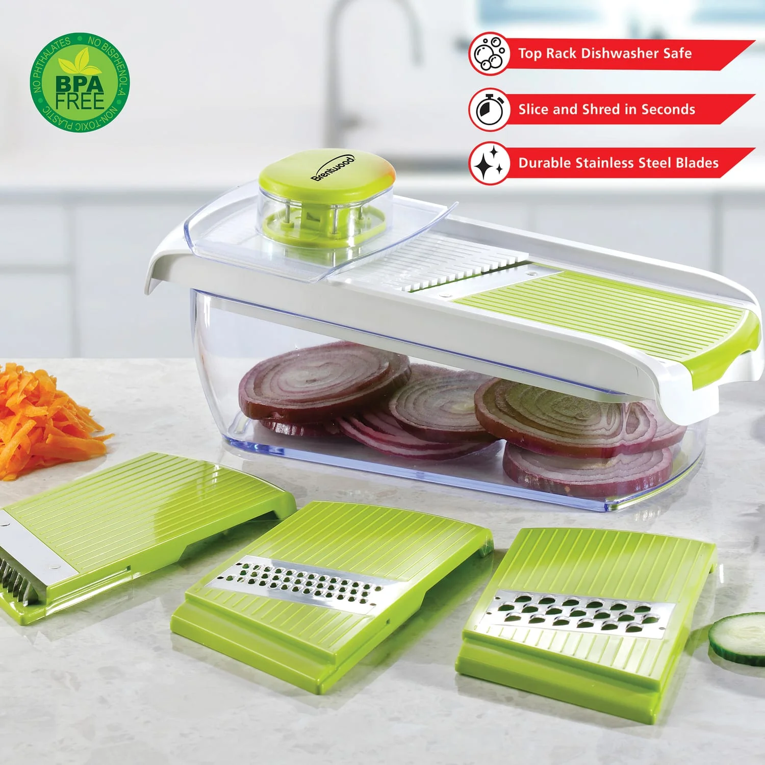 Brentwood Mandolin Slicer with 5-Cup Storage Container and 4 Interchangeable Stainless Steel Blades - Image 4
