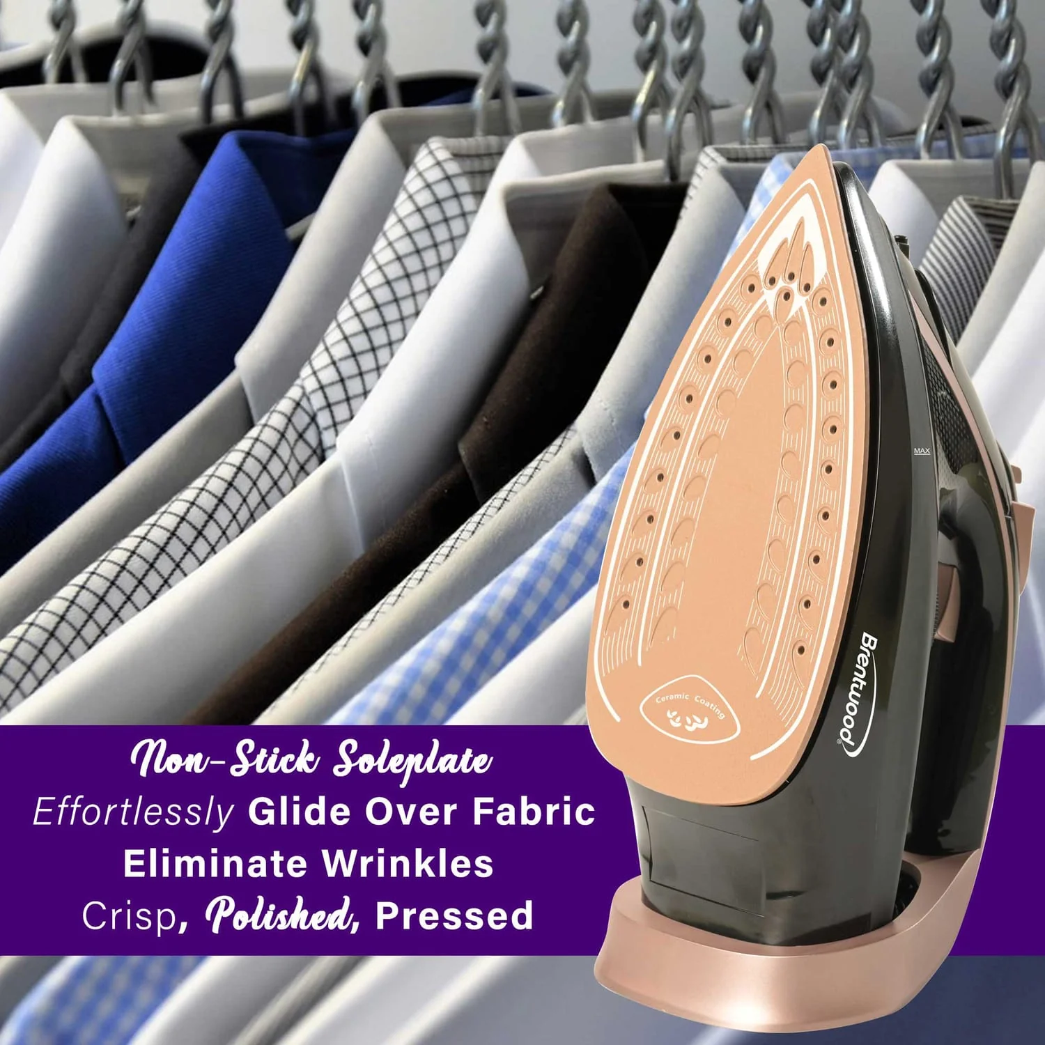 Brentwood MPI-69BKRG Nonstick Ceramic Steam Iron, Black and Rose Gold - Image 4