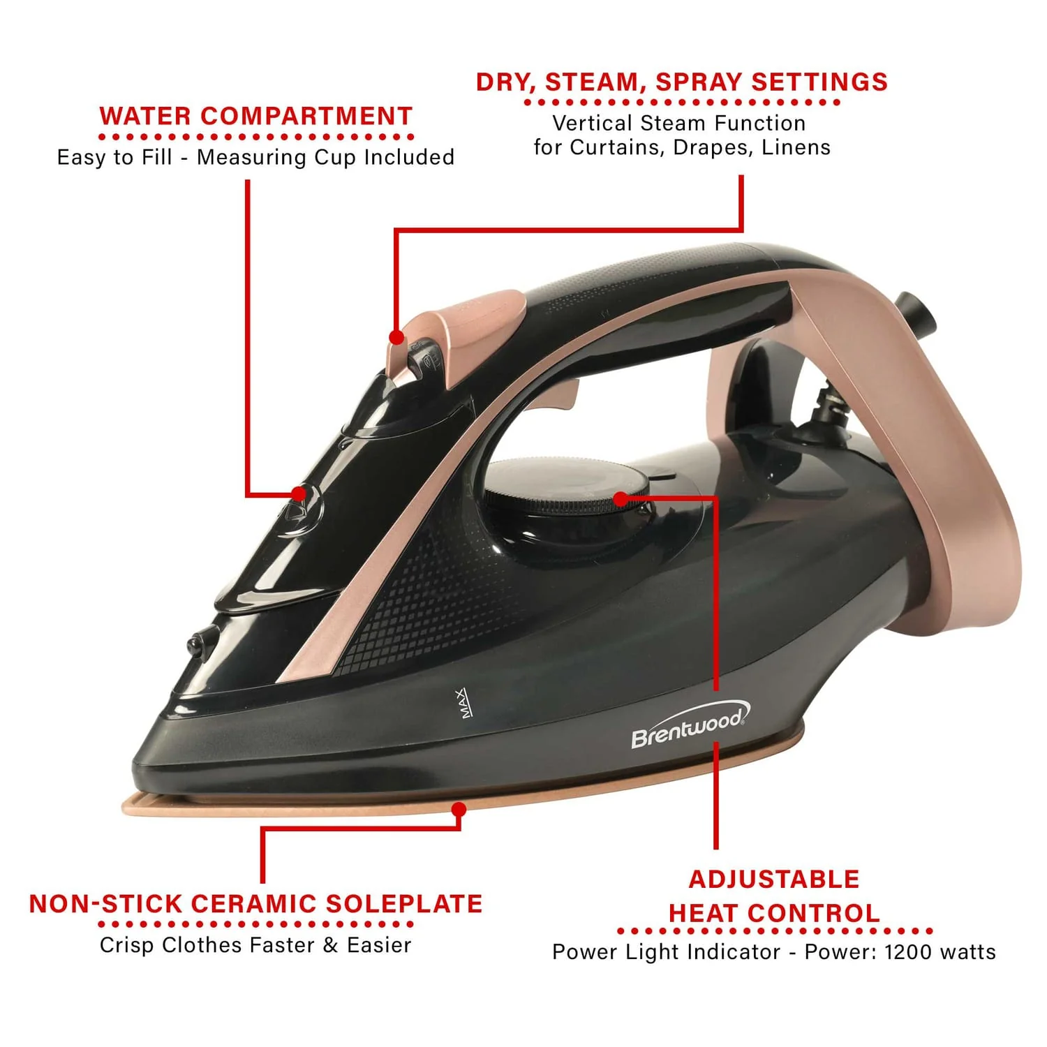 Brentwood MPI-69BKRG Nonstick Ceramic Steam Iron, Black and Rose Gold - Image 5