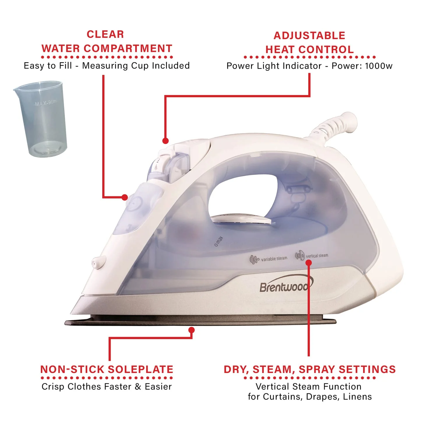 Brentwood Nonstick Steam Iron, Silver - Image 5
