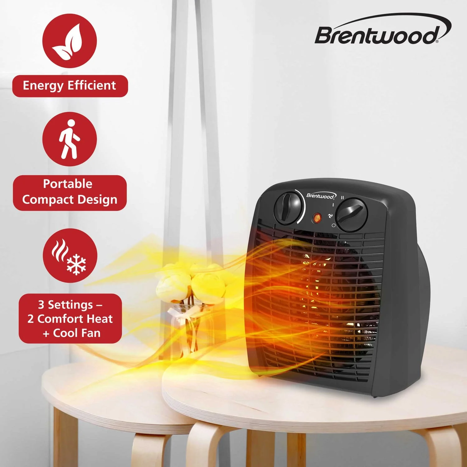 Brentwood Portable Electric Space Heater and Fan, 1500/750 Watts/Fan Only, 5000 BTUs, Adjustable Thermostat, Safety Features, 6-Ft. Cord, H-F305BK - Image 3
