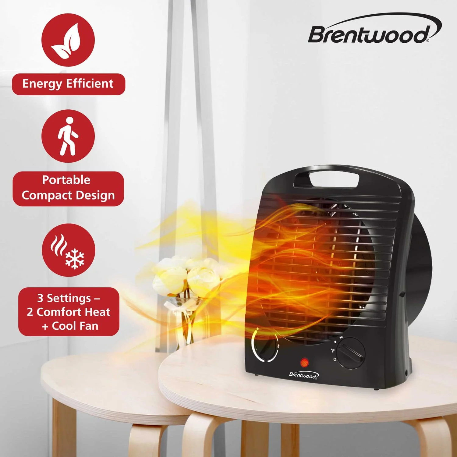 Brentwood Portable Electric Space Heater and Fan, 1500/750 Watts/Fan Only, 5000 BTUs, Adjustable Thermostat, Safety Features, 6-Ft. Cord, H-F306BK - Image 3