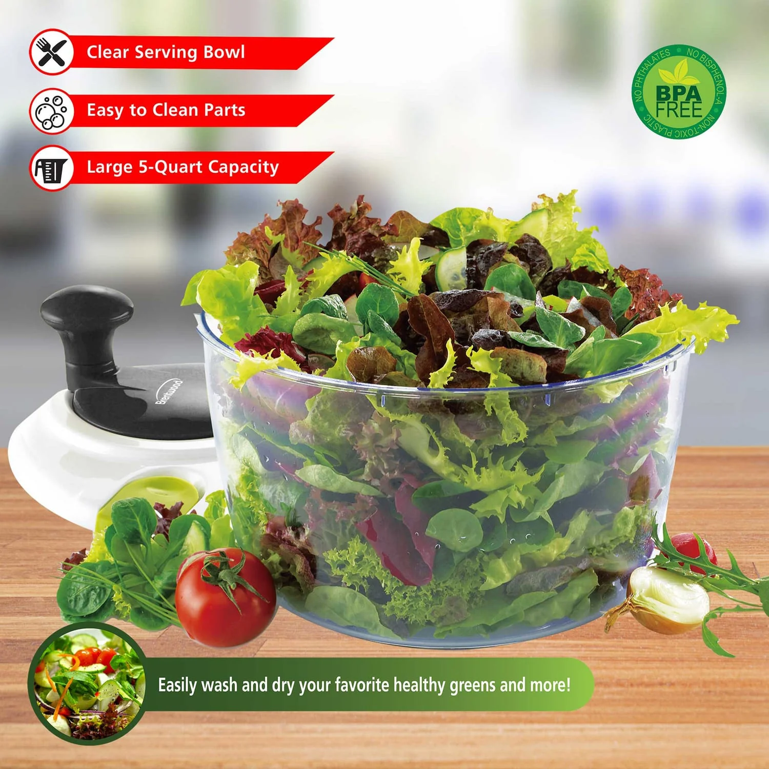 Brentwood Salad Spinner with 5-Qt. Serving Bowl, Black - Image 2