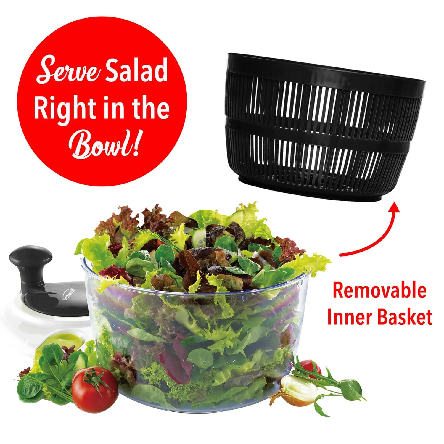 Brentwood Salad Spinner with 5-Qt. Serving Bowl, Black - Image 4
