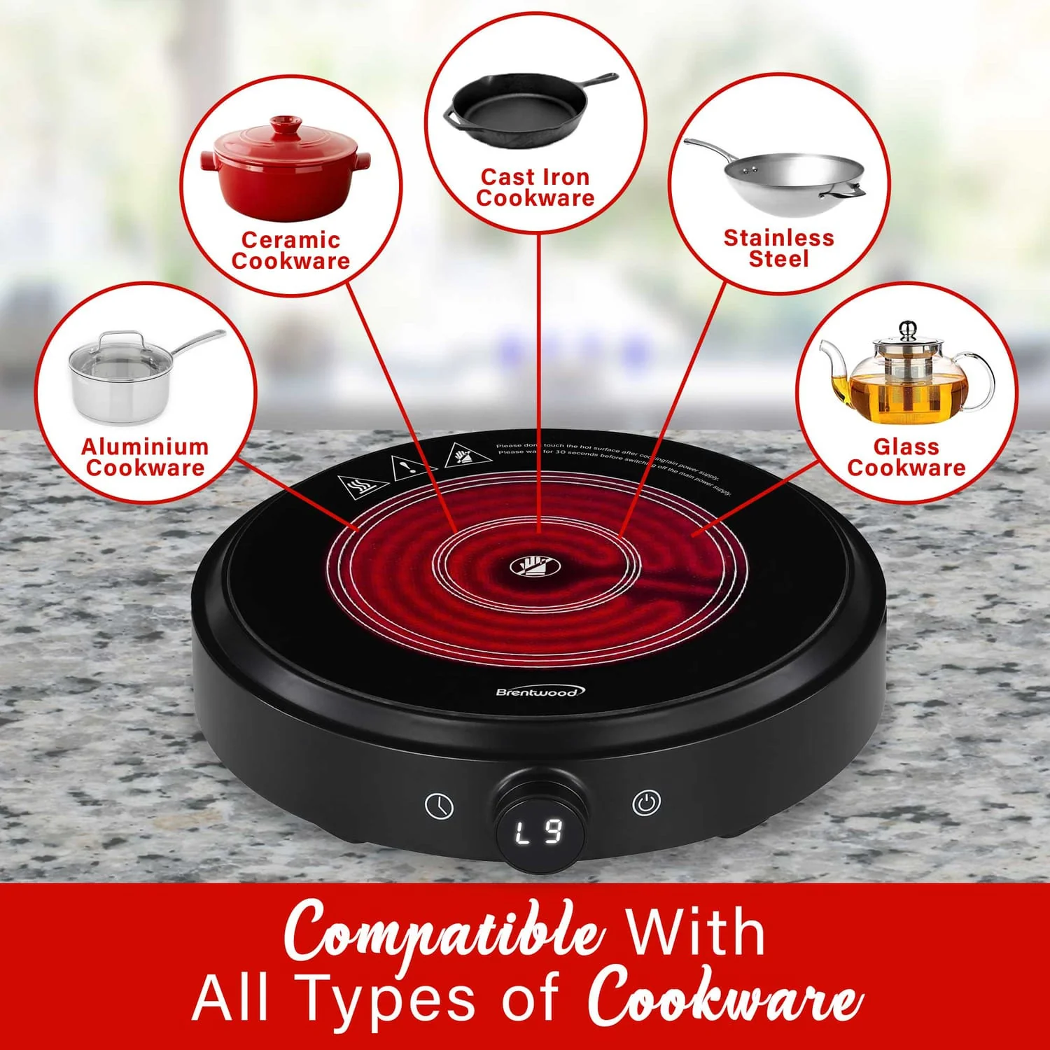 Brentwood Select 1300-Watt 10-In. Countertop Ceramic Glass Cooktop Surface with Single 8-In. Infrared Burner, Black - Image 3