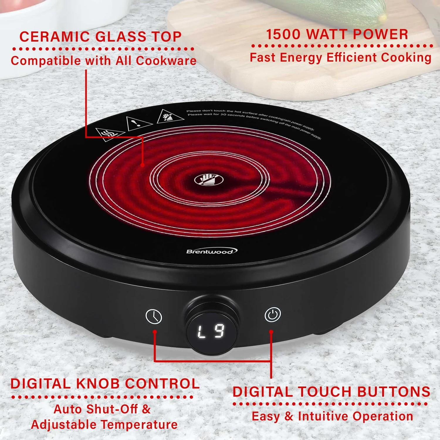Brentwood Select 1300-Watt 10-In. Countertop Ceramic Glass Cooktop Surface with Single 8-In. Infrared Burner, Black - Image 4