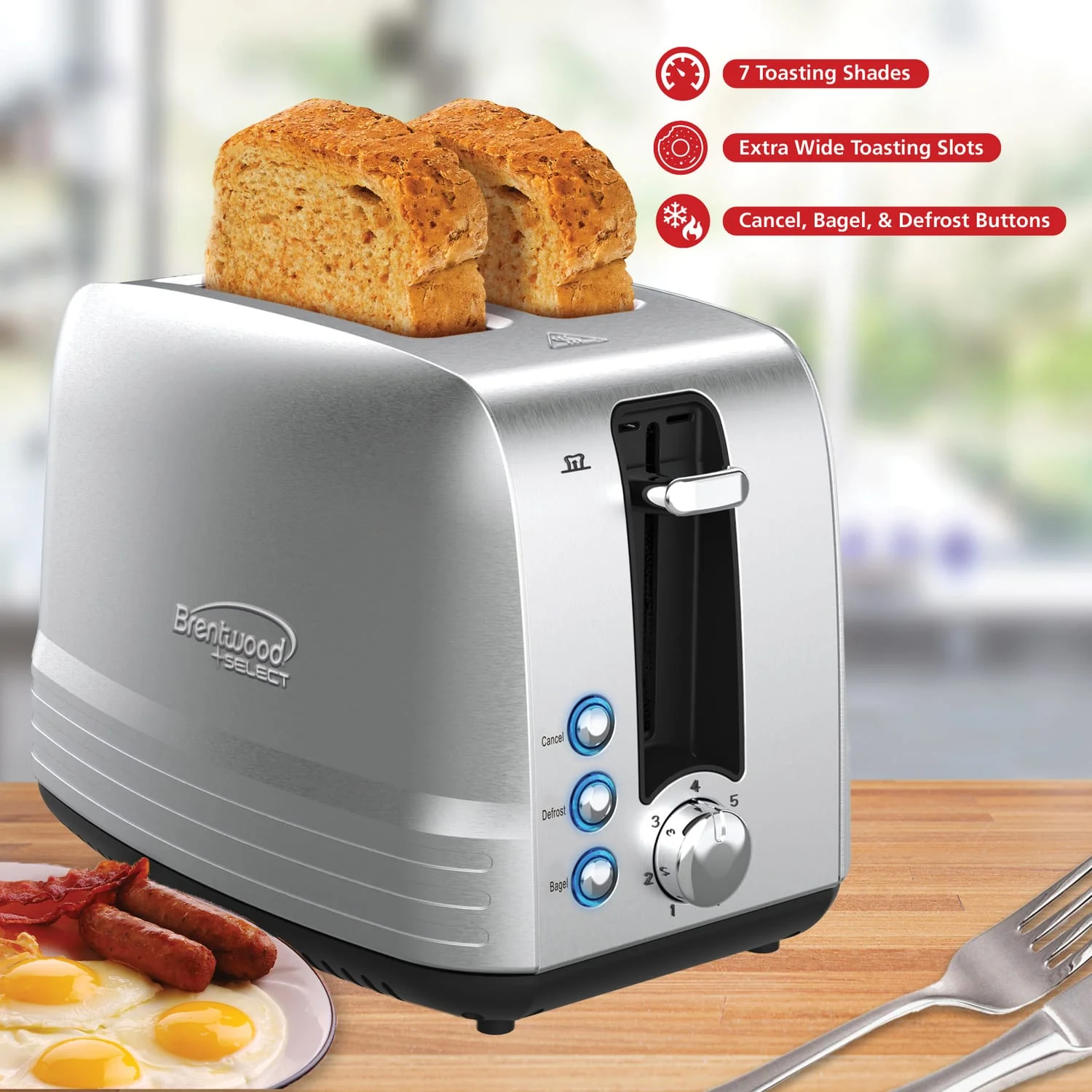 Brentwood Select 2-Slice 850-Watt Extra-Wide Slot Stainless Steel Toaster - Image 2