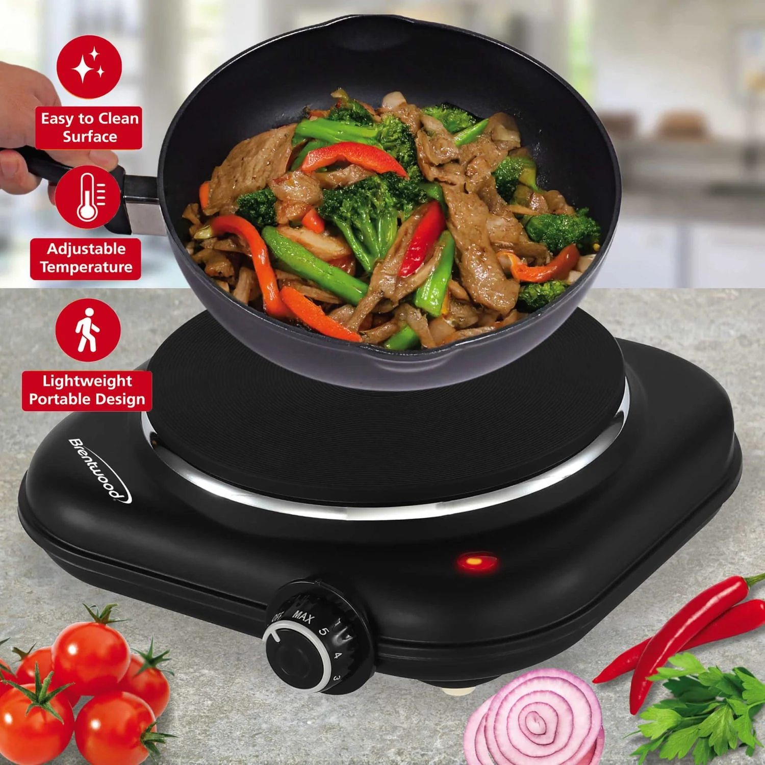 Brentwood Single-Cast-Iron 1100-Watt Countertop Electric Burner Hot Plate with Temperature Control and Power Indicator Light, Black - Image 2
