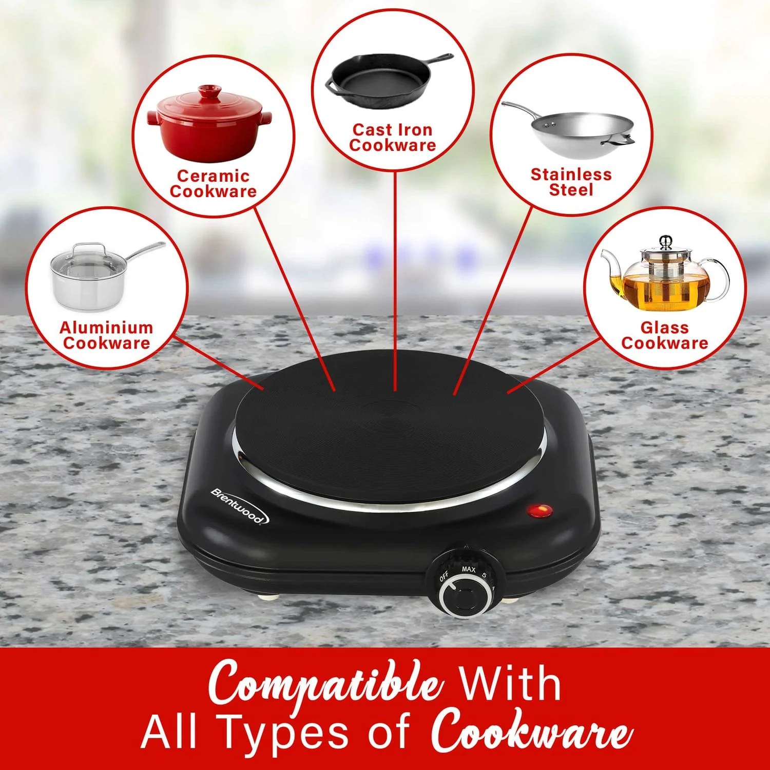 Brentwood Single-Cast-Iron 1100-Watt Countertop Electric Burner Hot Plate with Temperature Control and Power Indicator Light, Black - Image 3