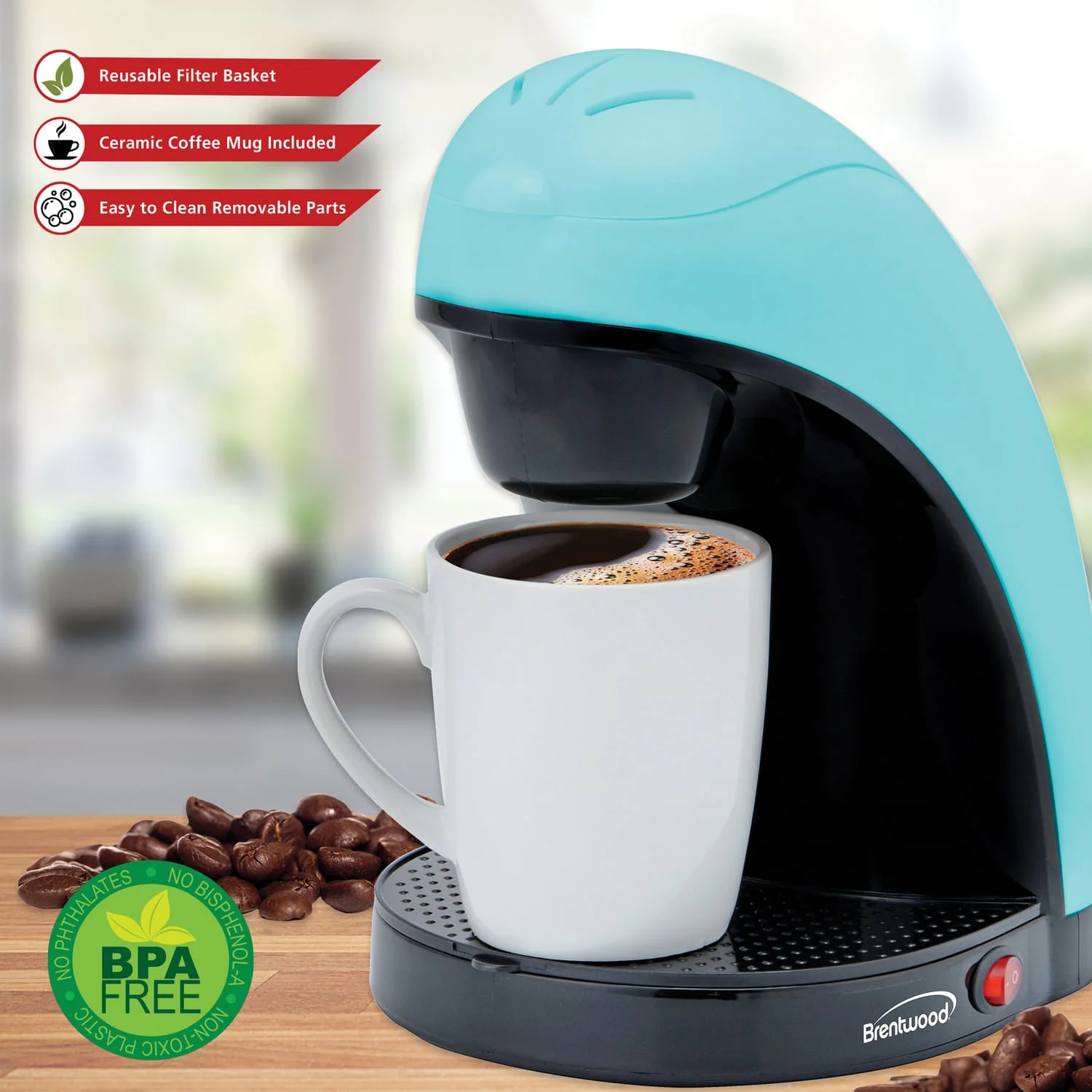 Brentwood Single-Serve Drip Coffee Maker with Ceramic Mug, Blue - Image 4