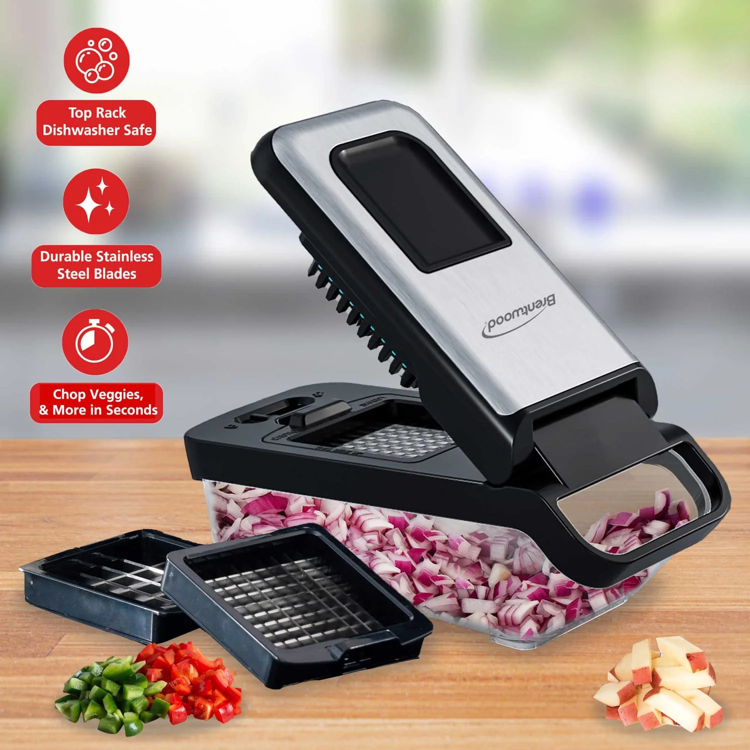 Brentwood Vegetable Chopper with 3.6-Cup Storage Container and 2 Interchangeable Stainless Steel Blades, Black - Image 2