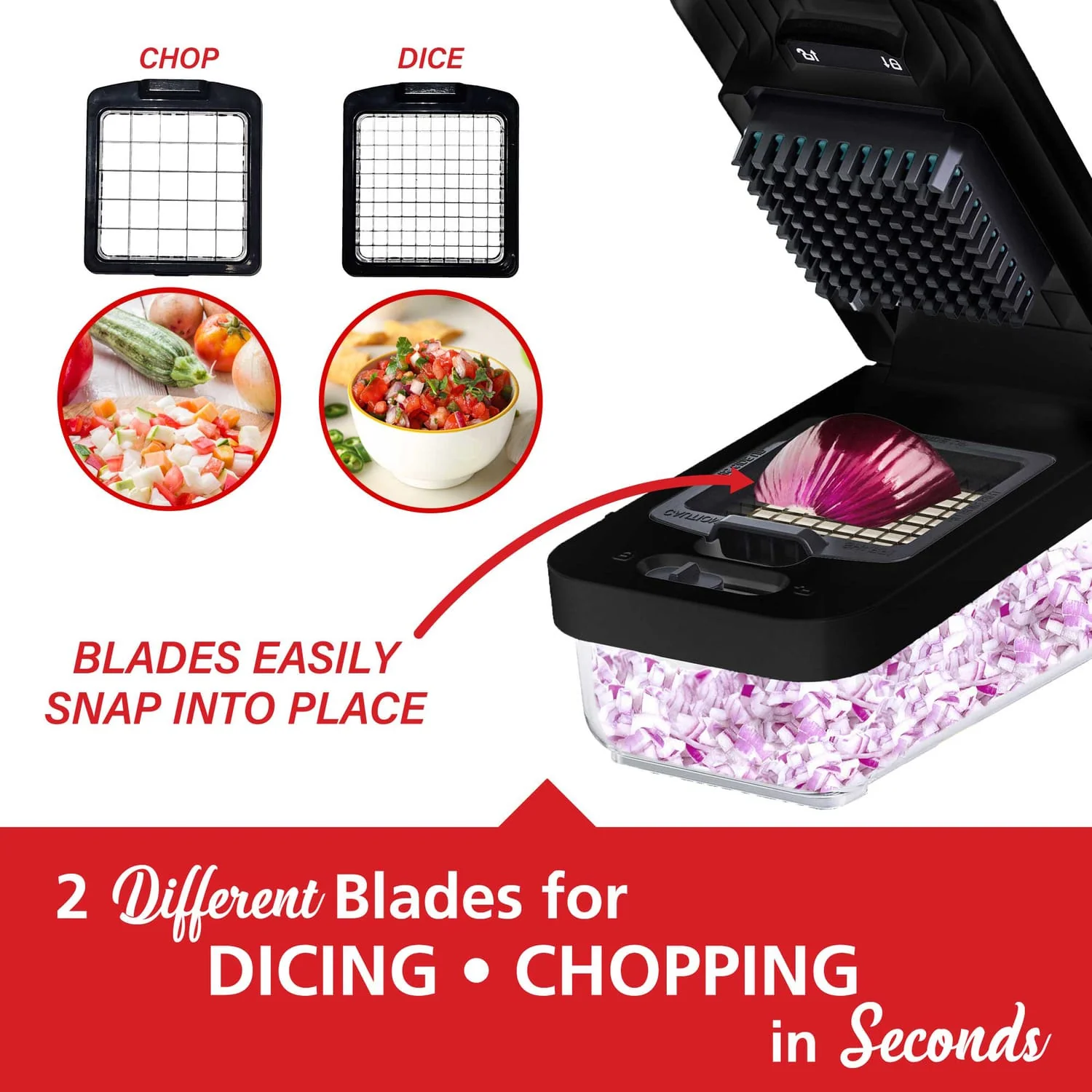 Brentwood Vegetable Chopper with 3.6-Cup Storage Container and 2 Interchangeable Stainless Steel Blades, Black - Image 3