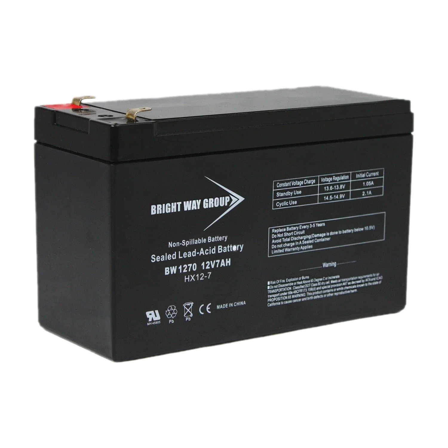 12V 7Ah Sealed Lead Acid Replacement Battery — Bright Way Group BWG 1270 F1