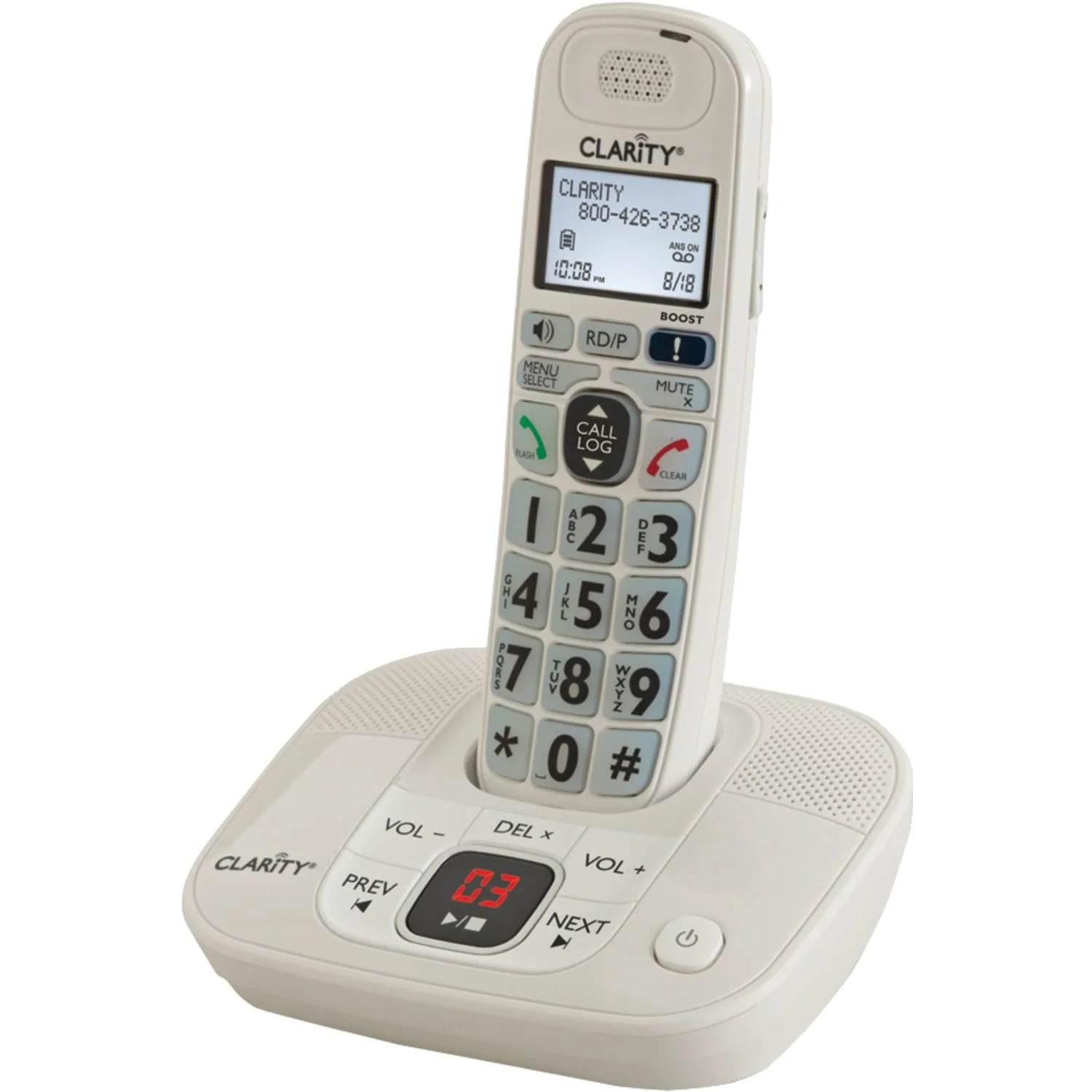 Clarity 1-Cordless Handset DECT 6.0 30-dB Amplified/Expandable Phone System for Landlines, Answering System, Big Buttons, and Backlit Display