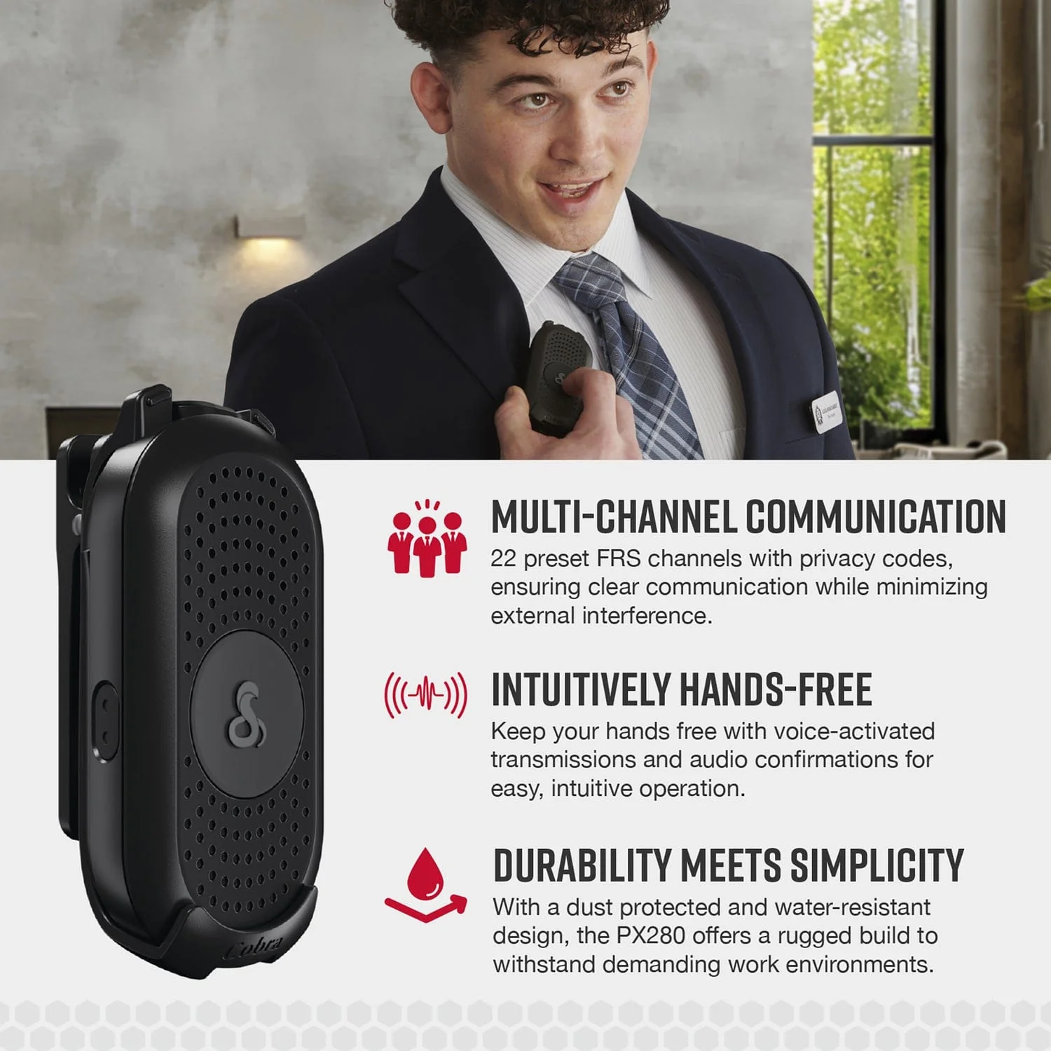 Cobra PX280 Compact 2-Way Handheld Business Radio with Dual-Dock Charger and Headset, 6 Pack - Image 4
