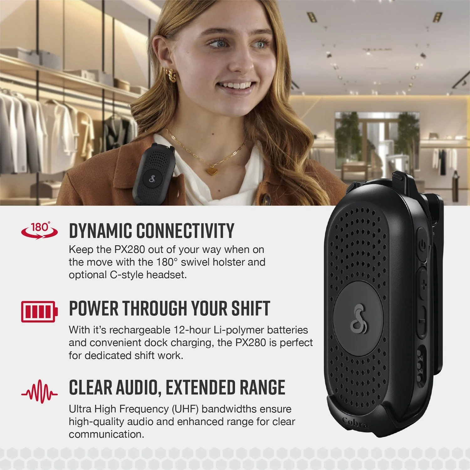 Cobra PX280 Compact 2-Way Handheld Business Radio with Dual-Dock Charger and Headset, 6 Pack - Image 5