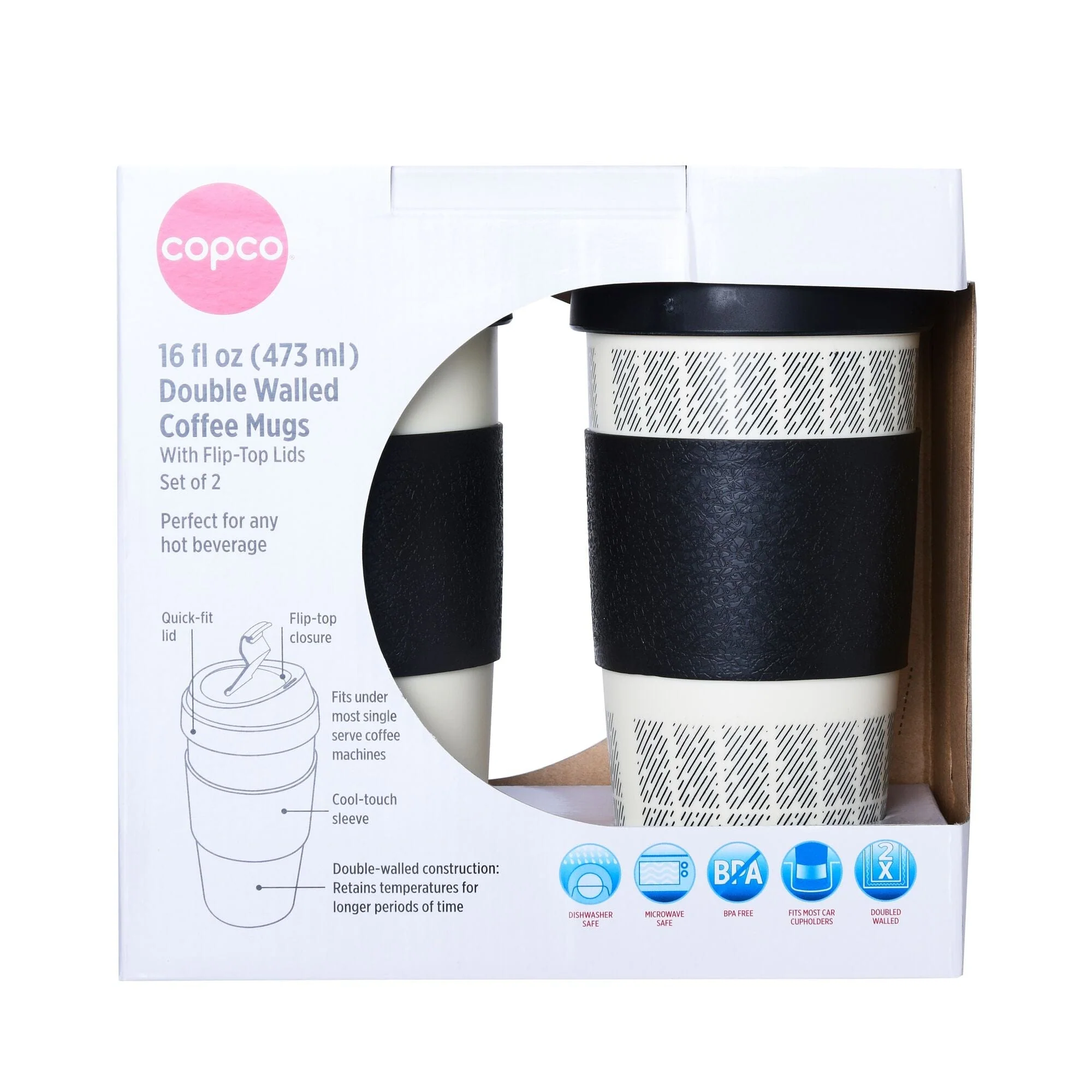 Copco Reusable, Insulated Double Wall Travel Mugs 16-ounce White/Black , Set of 2 - Image 3