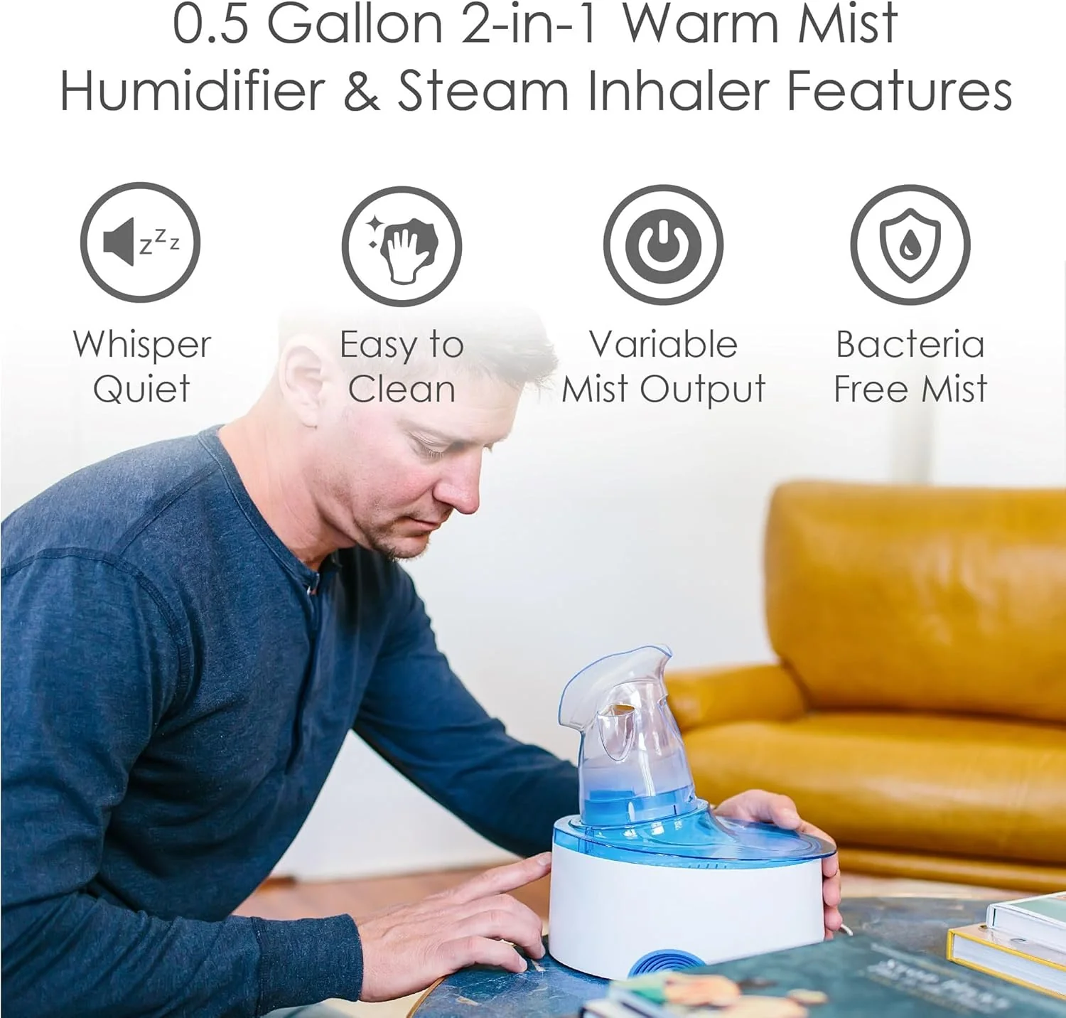 Crane 0.5 Gal Steam Inhaler & Warm Mist Humidifier, Bedroom Sinus Vaporizer, HSA/FSA Eligible, Blue/White - Image 2