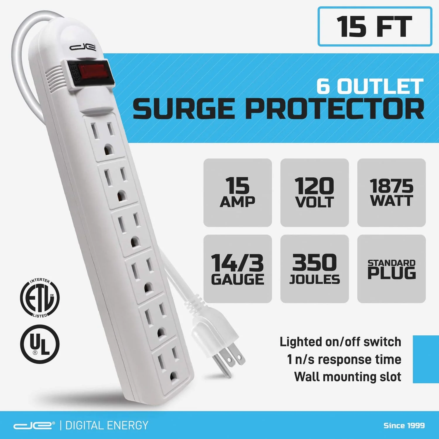 Digital Energy 6-AC Outlet 350-Joules Surge Protector Power Strip with Straight Plug, 15 Ft., White - Image 2