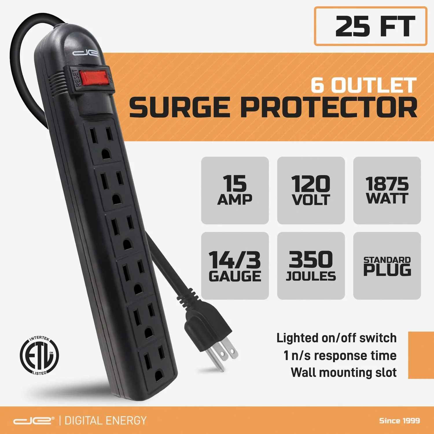 Digital Energy 6-AC Outlet 350-Joules Surge Protector Power Strip with Straight Plug, 25 Ft., Black - Image 4
