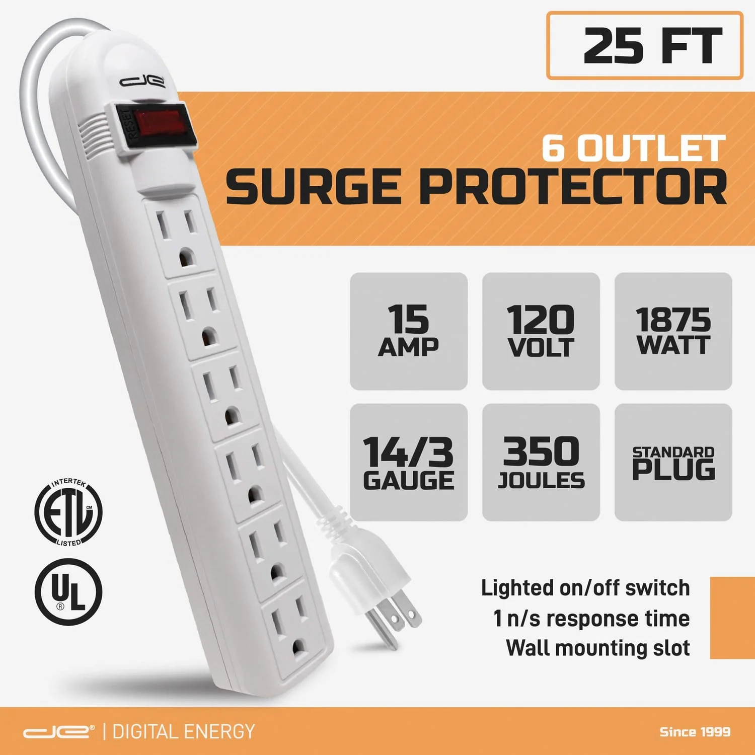 Digital Energy 6-AC Outlet 350-Joules Surge Protector Power Strip with Straight Plug, 25 Ft., White - Image 3