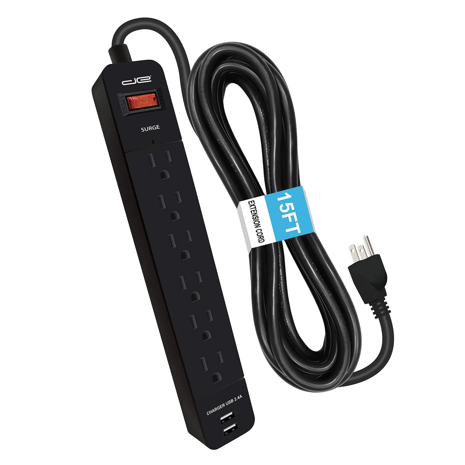 Digital Energy 6-AC Outlet and 2-USB Port 1050-Joules Surge Protector Power Strip with Straight Plug, 15 Ft., Black - Image 2