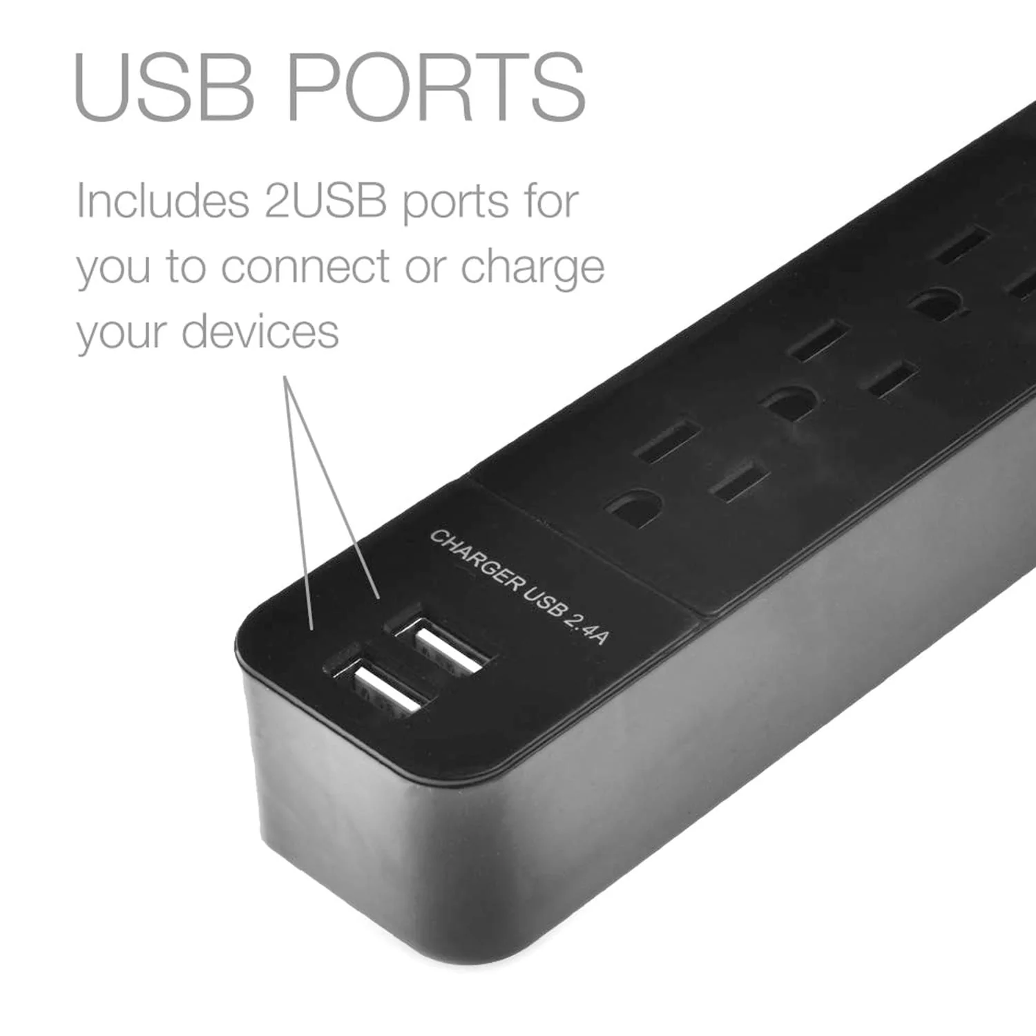 Digital Energy 6-AC Outlet and 2-USB Port 1050-Joules Surge Protector Power Strip with Straight Plug, 15 Ft., Black - Image 3