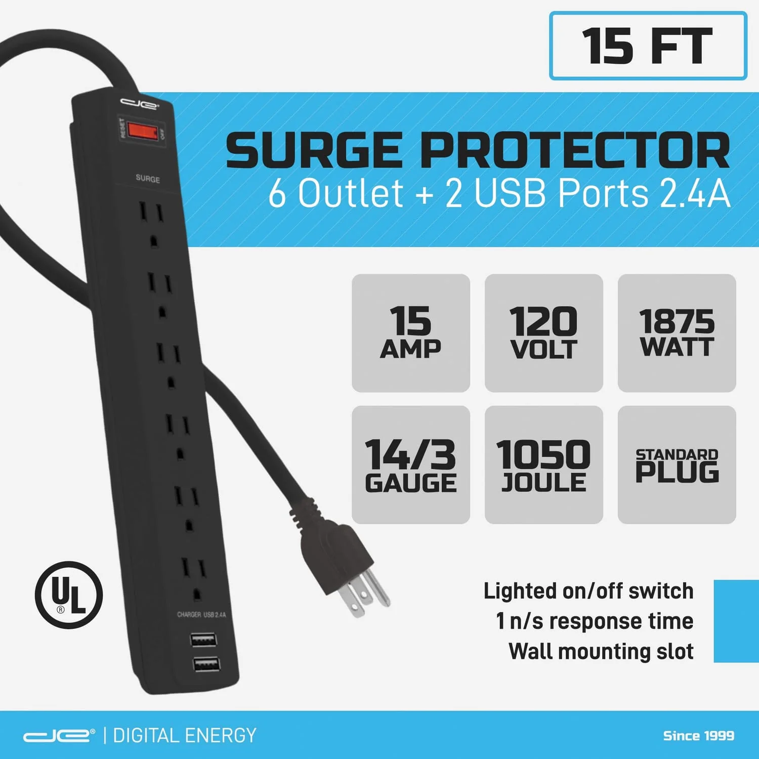 Digital Energy 6-AC Outlet and 2-USB Port 1050-Joules Surge Protector Power Strip with Straight Plug, 15 Ft., Black - Image 4