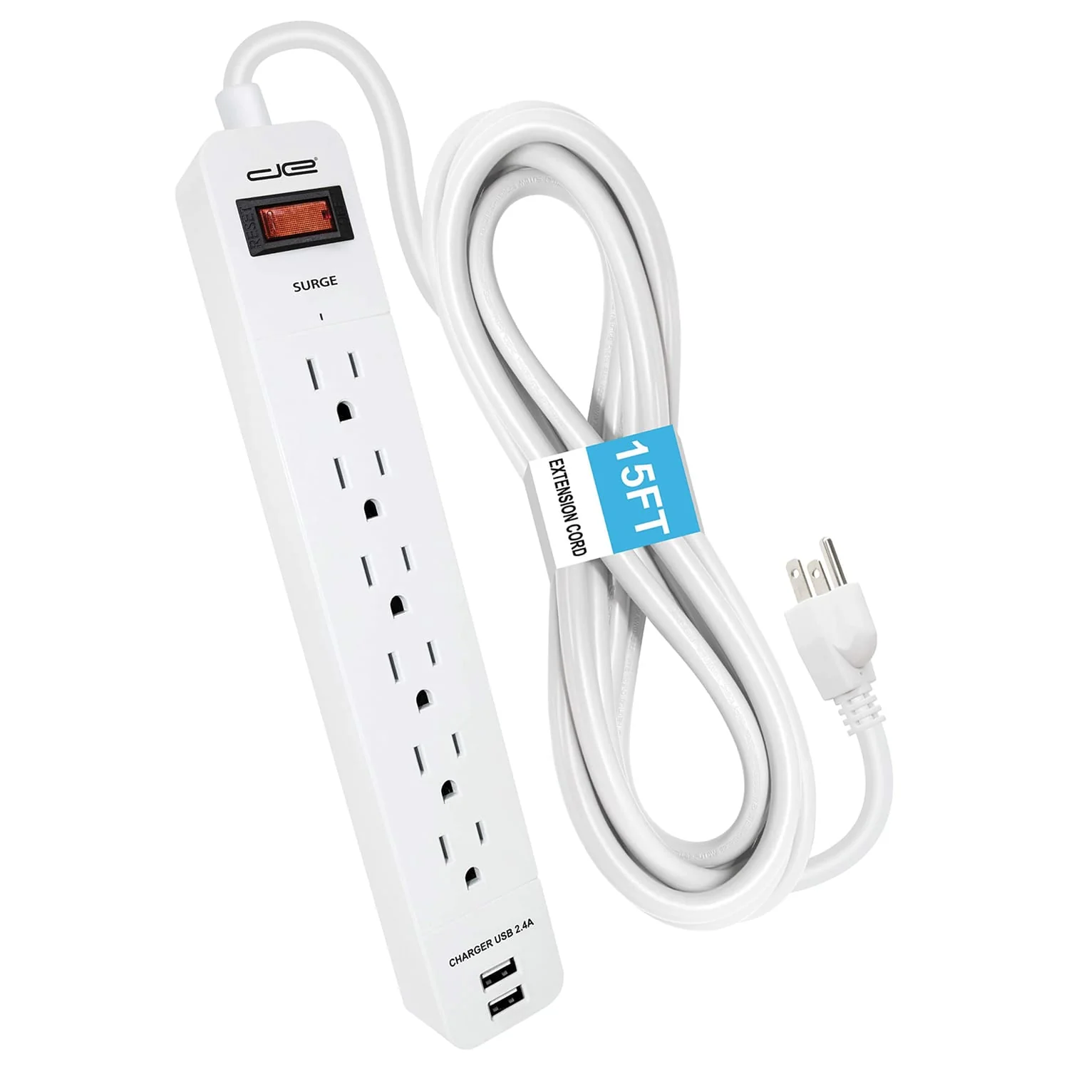 Digital Energy 6-AC Outlet and 2-USB Port 1050-Joules Surge Protector Power Strip with Straight Plug, 15 Ft., White - Image 2