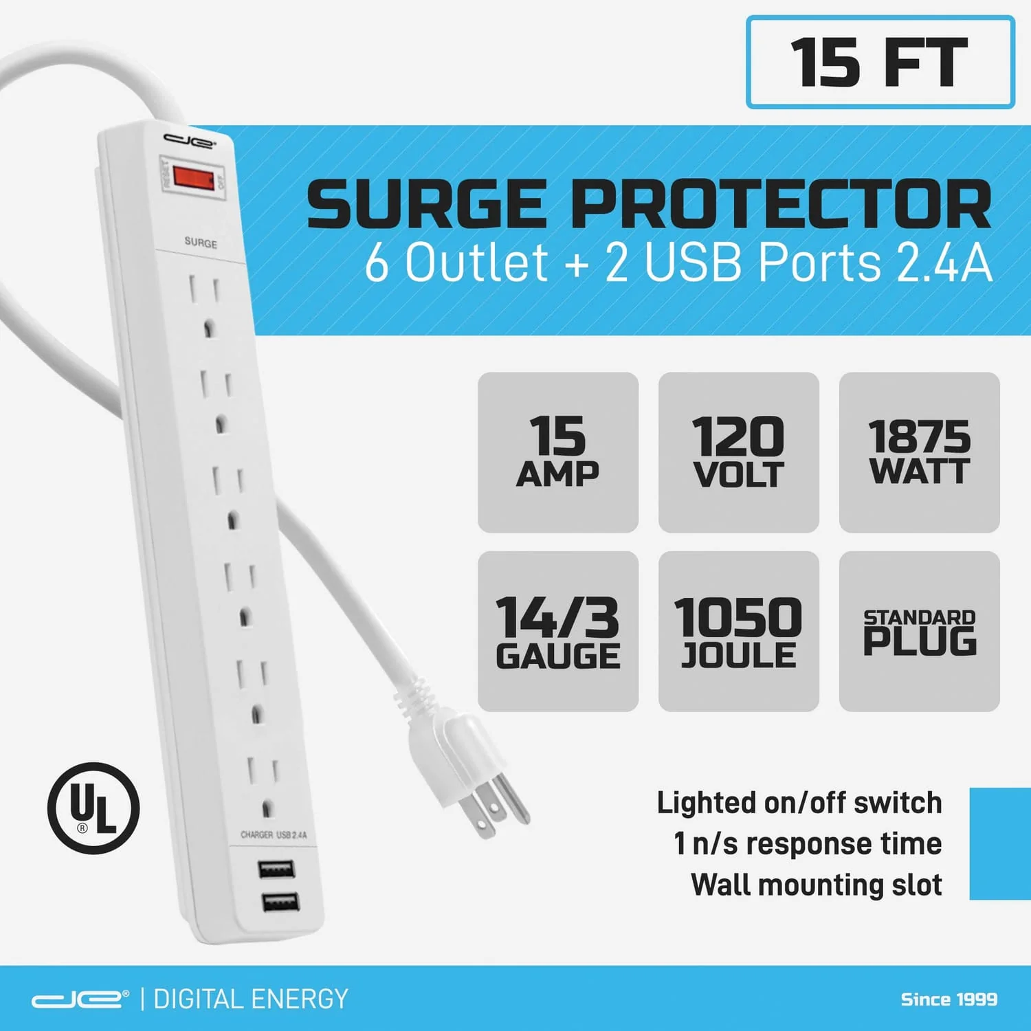 Digital Energy 6-AC Outlet and 2-USB Port 1050-Joules Surge Protector Power Strip with Straight Plug, 15 Ft., White - Image 3