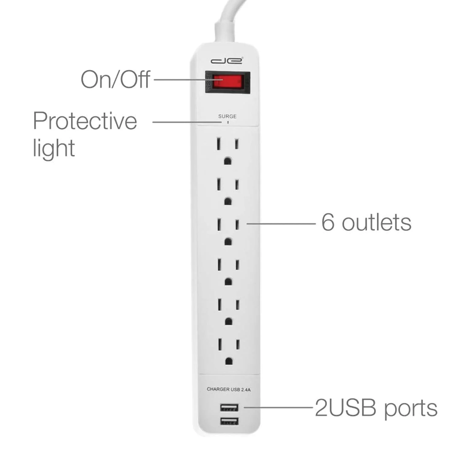 Digital Energy 6-AC Outlet and 2-USB Port 1050-Joules Surge Protector Power Strip with Straight Plug, 15 Ft., White - Image 5