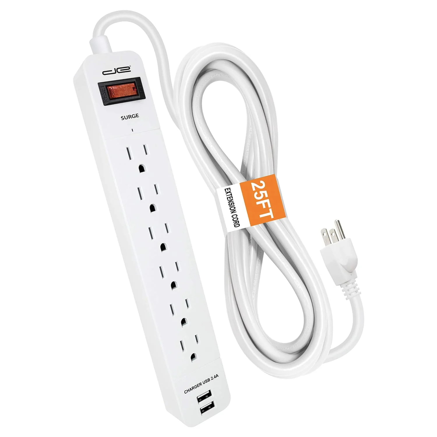 Digital Energy 6-AC Outlet and 2-USB Port 1050-Joules Surge Protector Power Strip with Straight Plug, 25 Ft., White - Image 2