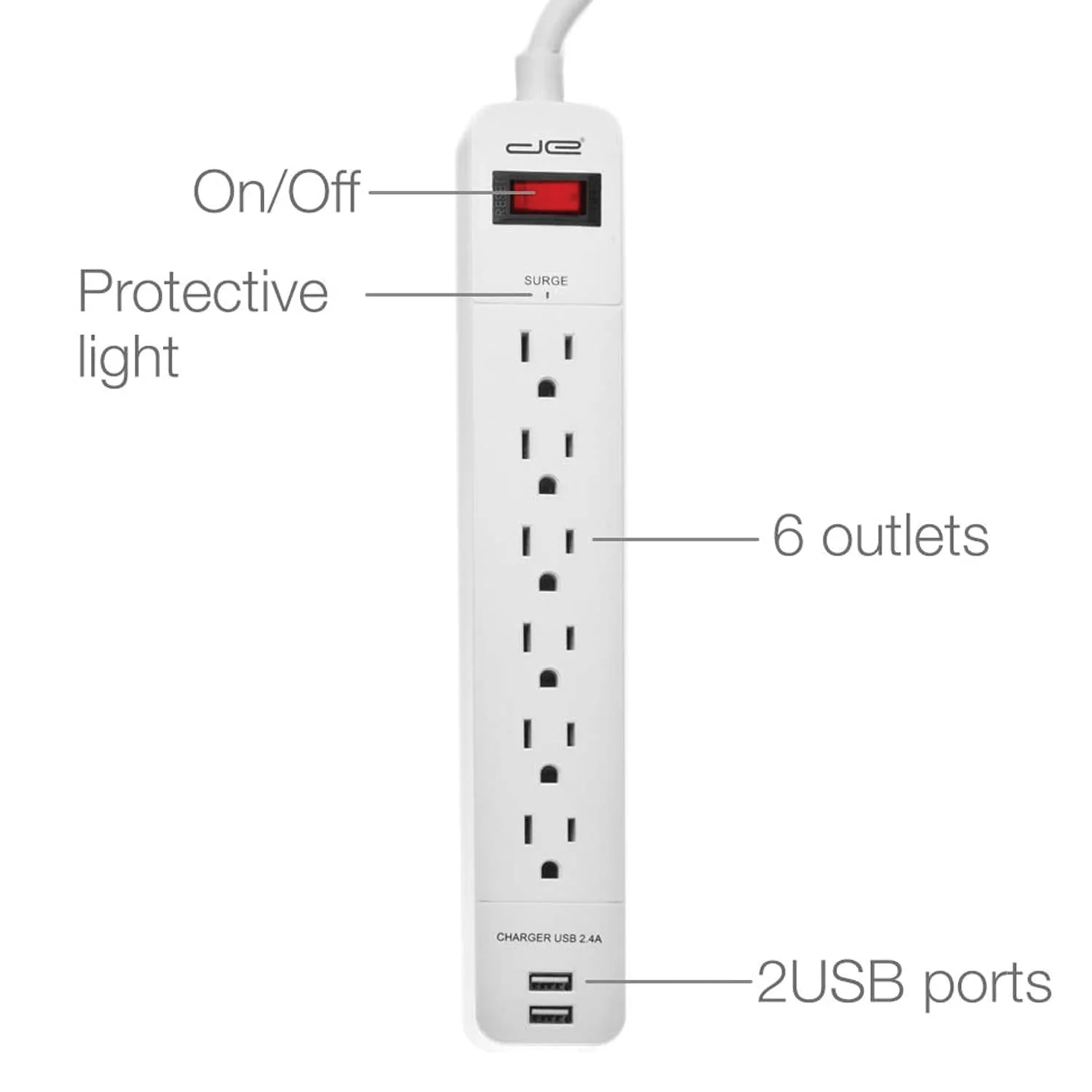 Digital Energy 6-AC Outlet and 2-USB Port 1050-Joules Surge Protector Power Strip with Straight Plug, 25 Ft., White - Image 4