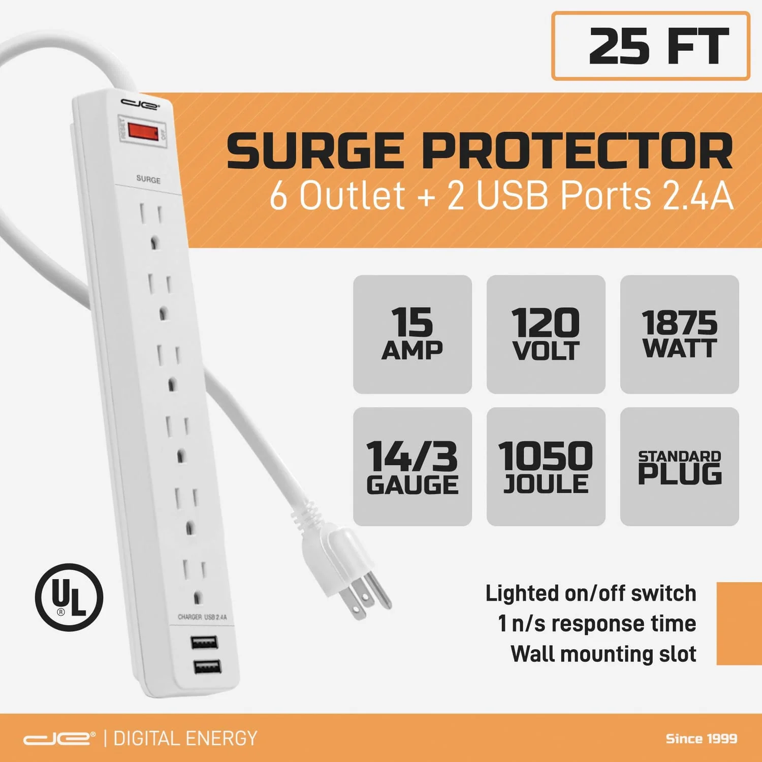 Digital Energy 6-AC Outlet and 2-USB Port 1050-Joules Surge Protector Power Strip with Straight Plug, 25 Ft., White - Image 5